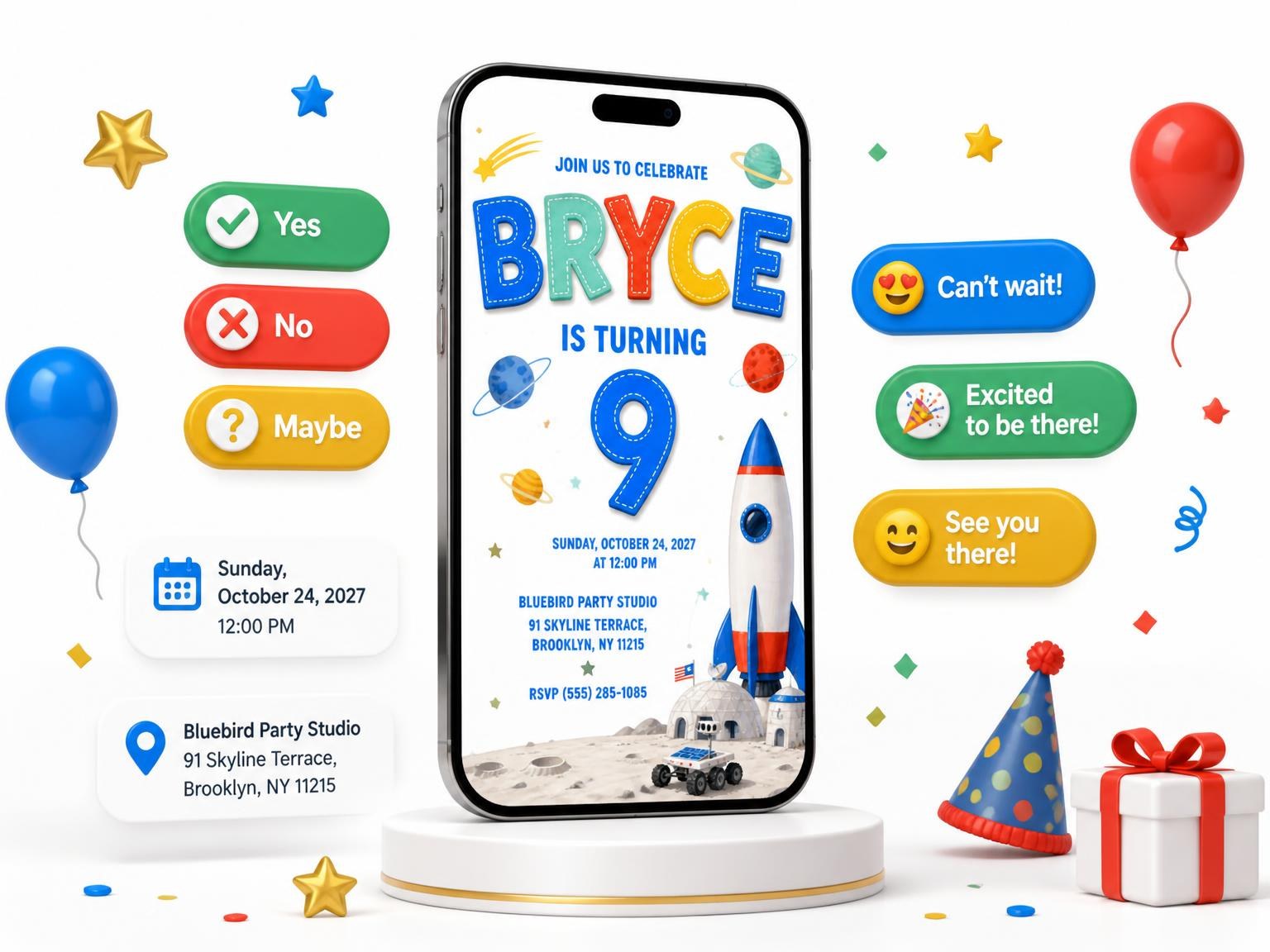 The Rocket Ship Stitched 9th Birthday Invitation invitation on a phone, with guest RSVPs arriving around it