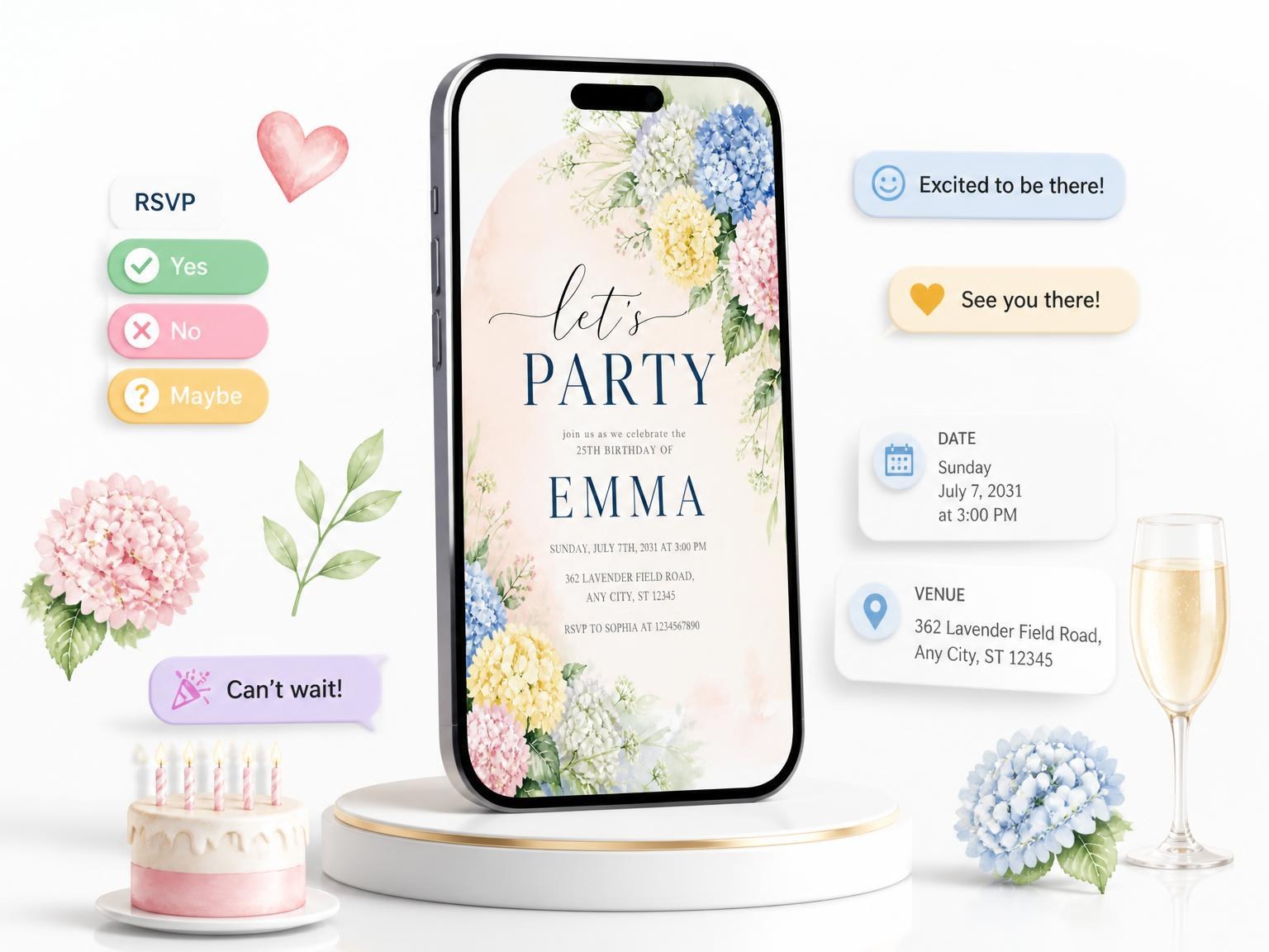 The Spring Hydrangea Arch 25th Birthday Invitation invitation on a phone, with guest RSVPs arriving around it