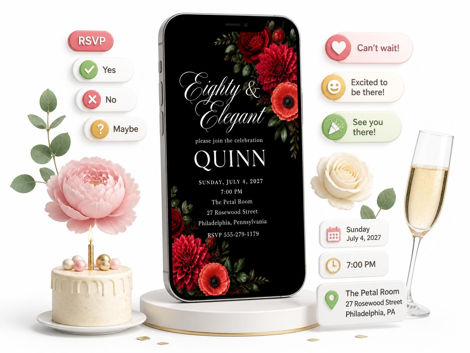 The Black Floral 80th Birthday Invitation invitation on a phone, with guest RSVPs arriving around it
