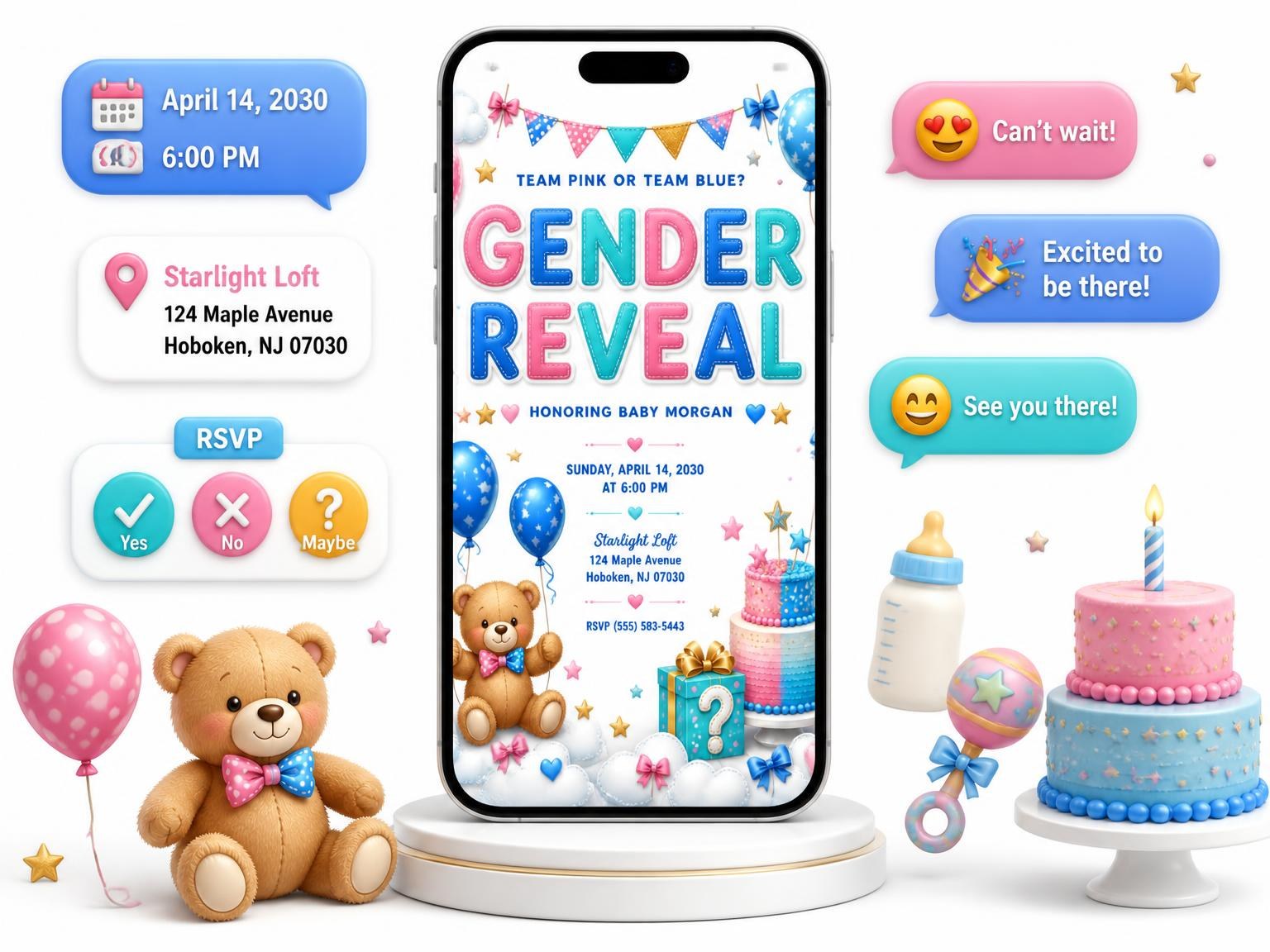 The Gift Box Gender Reveal Invitation invitation on a phone, with guest RSVPs arriving around it