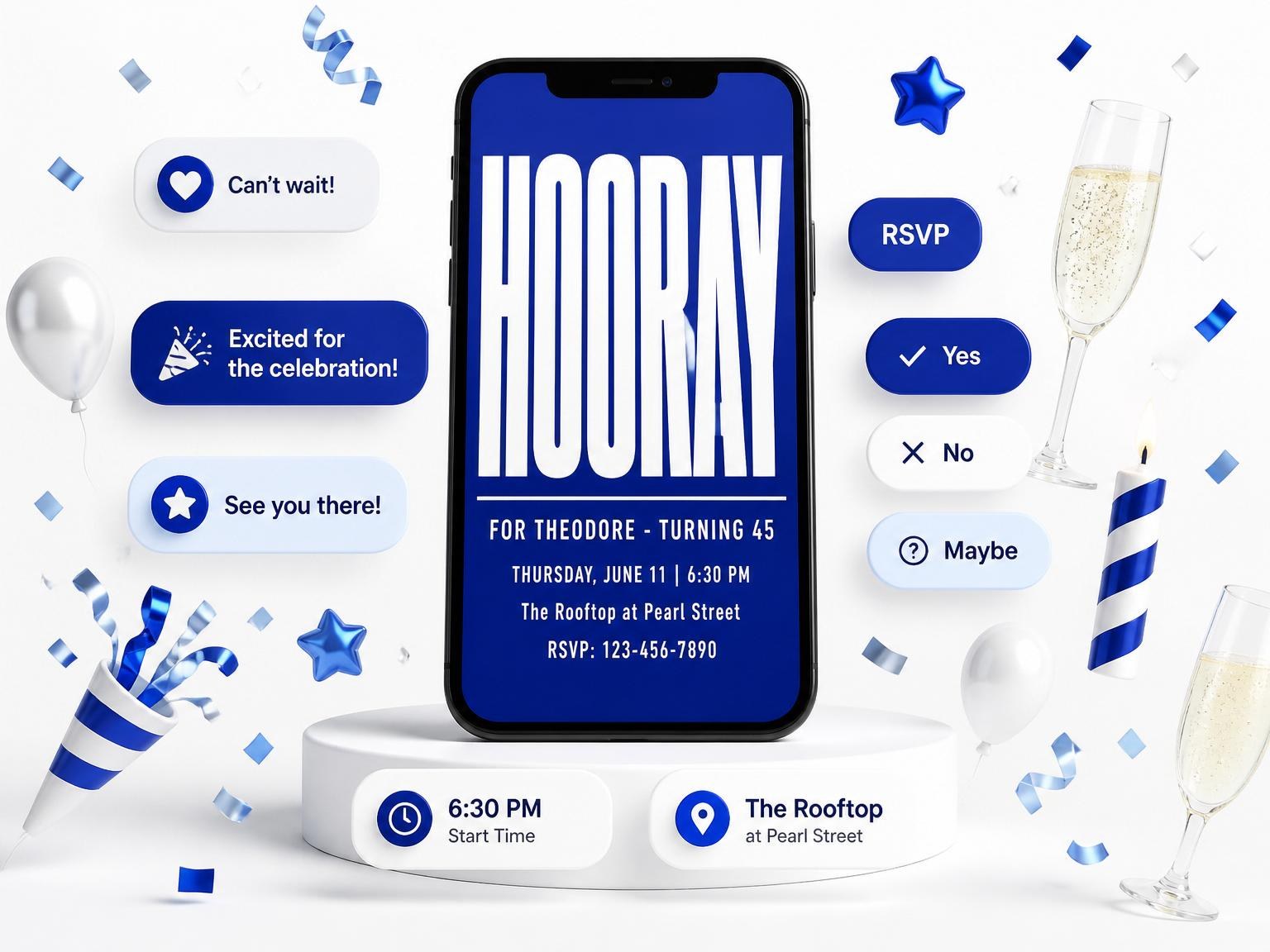 The Bold Blue Typography Milestone Birthday invitation on a phone, with guest RSVPs arriving around it