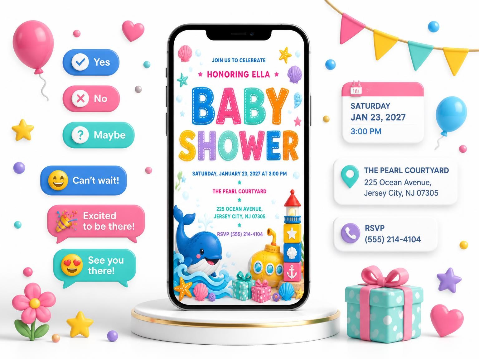 The Blue Whale Baby Shower Invitation invitation on a phone, with guest RSVPs arriving around it