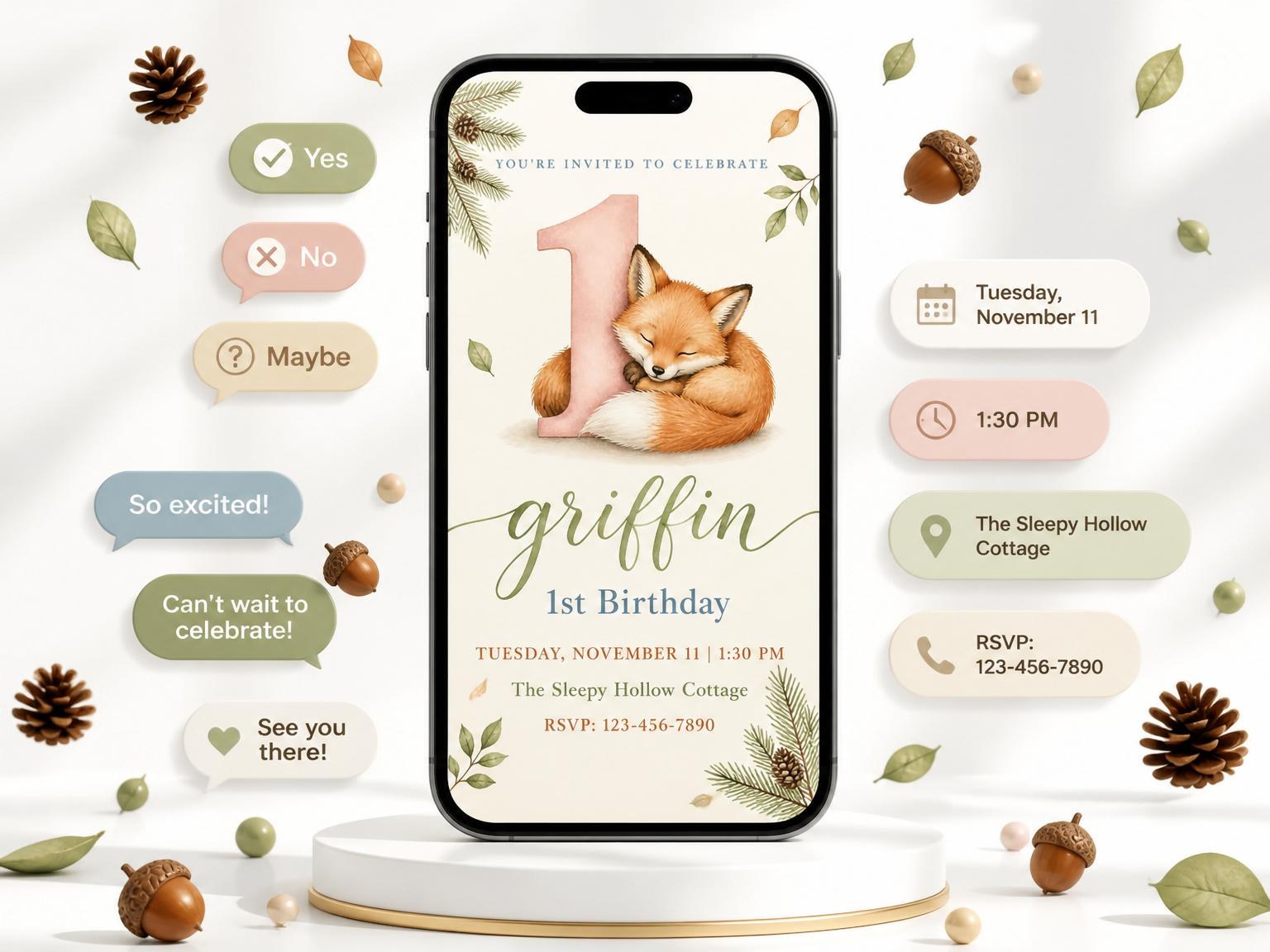 The Watercolor Woodland Fox 1st Birthday invitation on a phone, with guest RSVPs arriving around it