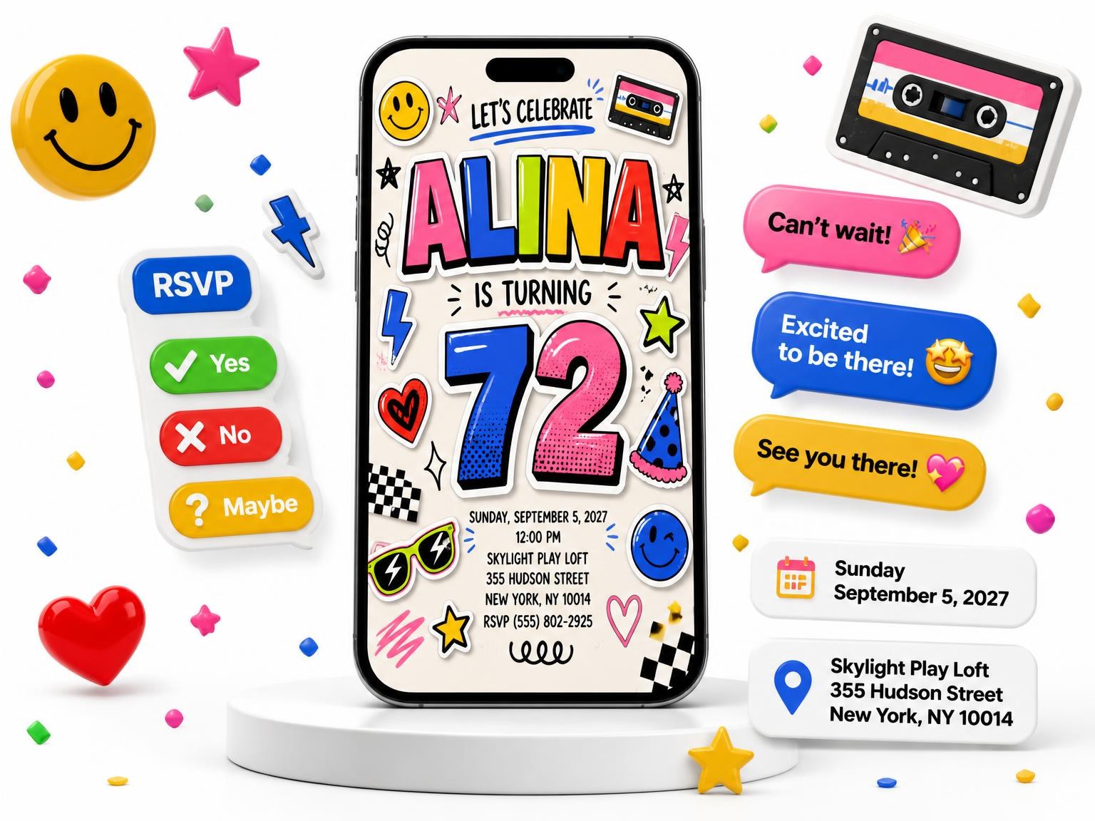 The Sticker Pop 72nd Birthday Invitation invitation on a phone, with guest RSVPs arriving around it