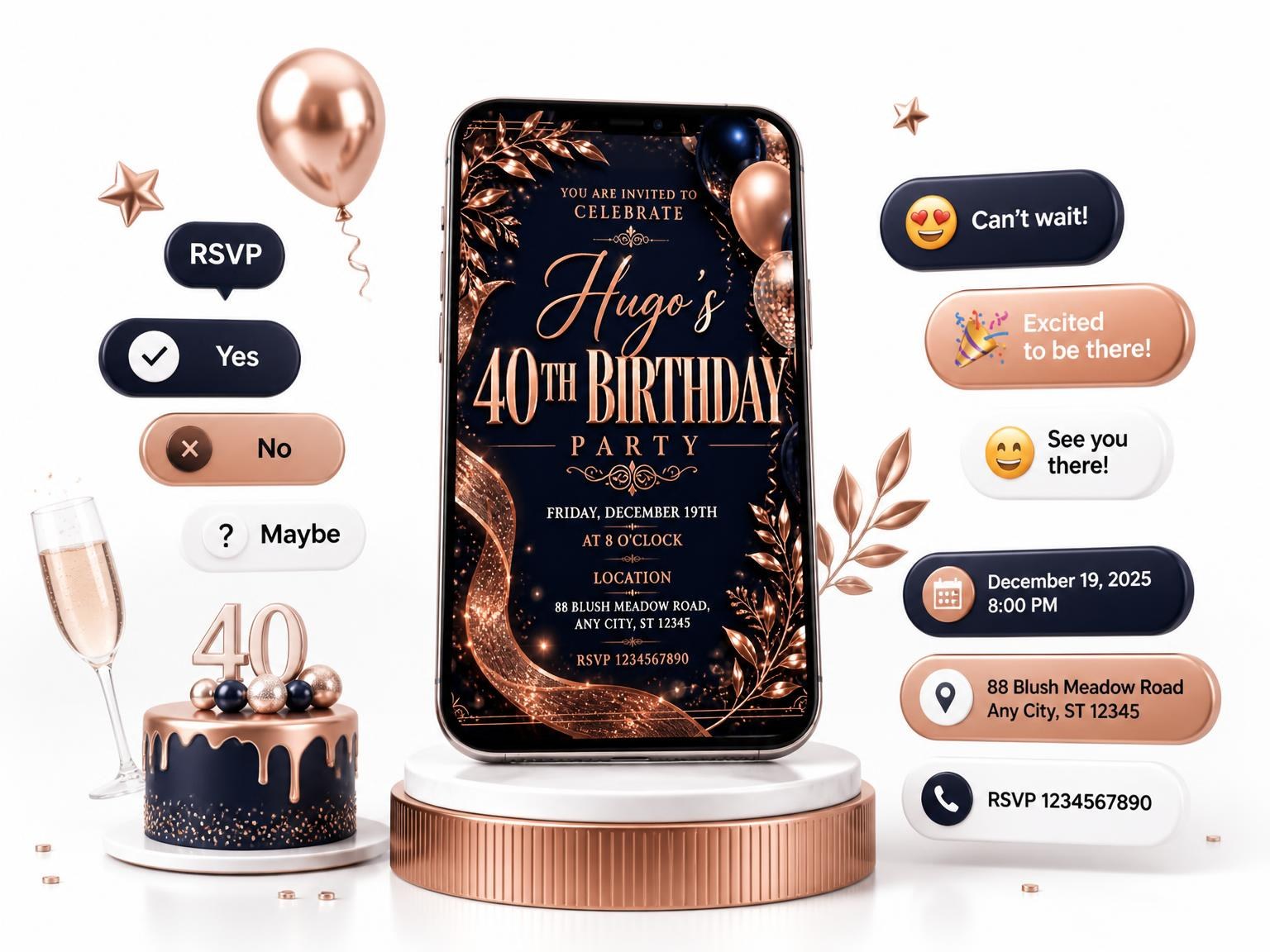 The Navy and Rose Gold 40th Birthday Invitation invitation on a phone, with guest RSVPs arriving around it