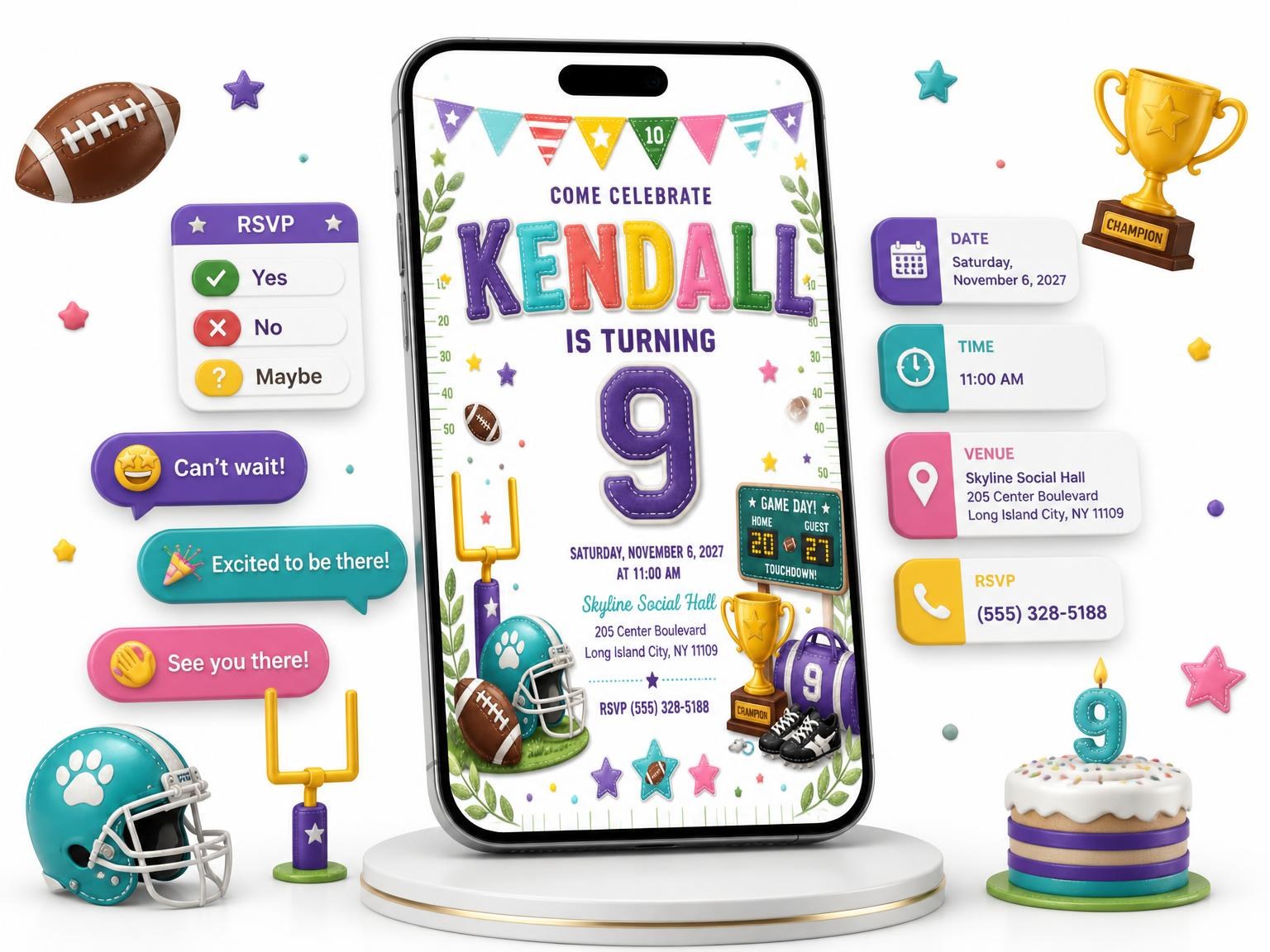 The Stitched Football 9th Birthday Invitation invitation on a phone, with guest RSVPs arriving around it