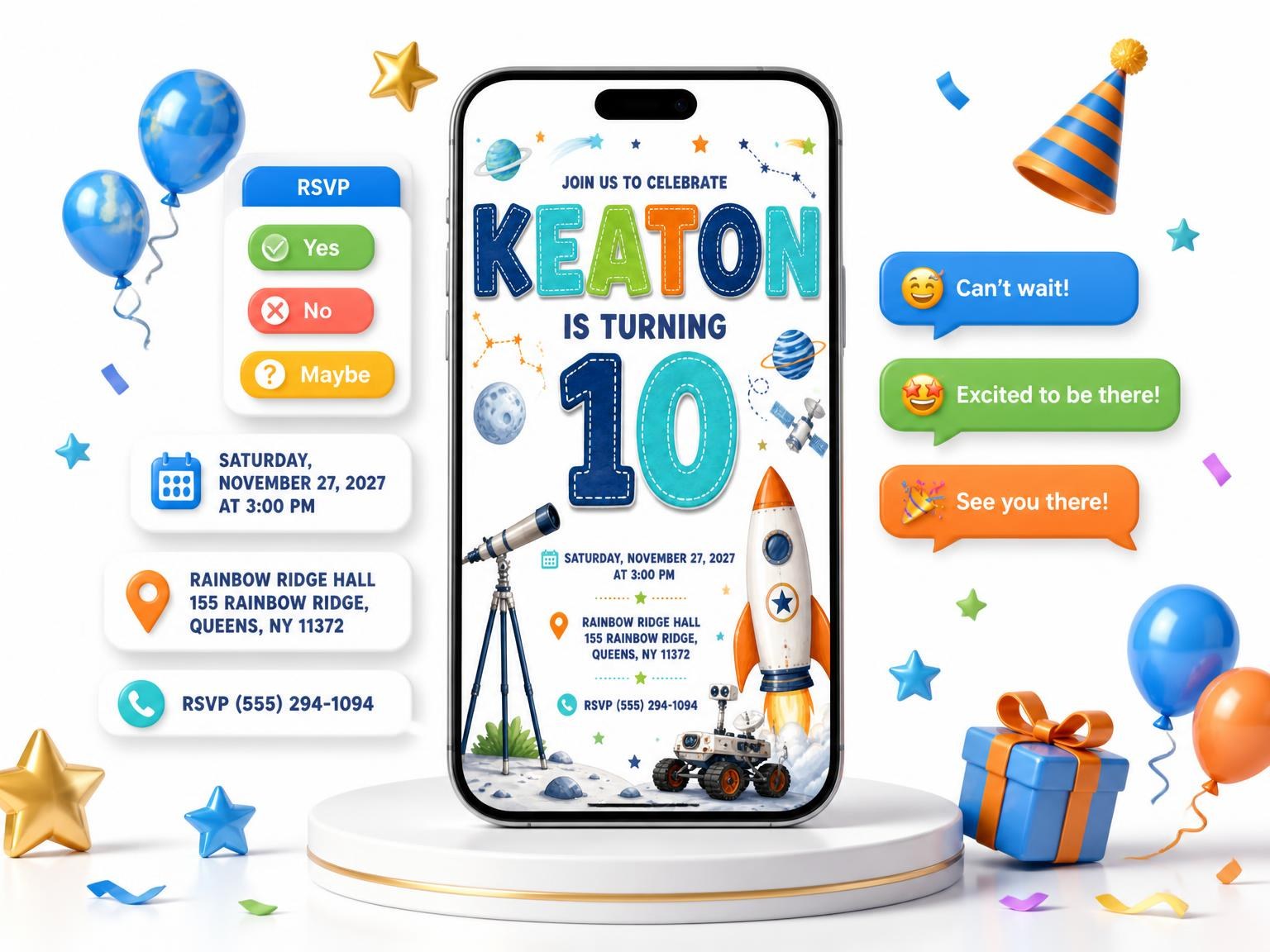 The Blasting Off Stitched 10th Birthday Invitation invitation on a phone, with guest RSVPs arriving around it