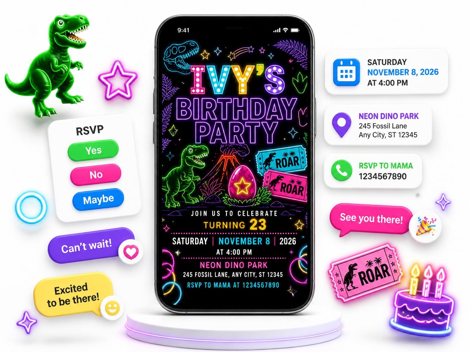 The Neon Dinosaur 23rd Birthday Invitation invitation on a phone, with guest RSVPs arriving around it