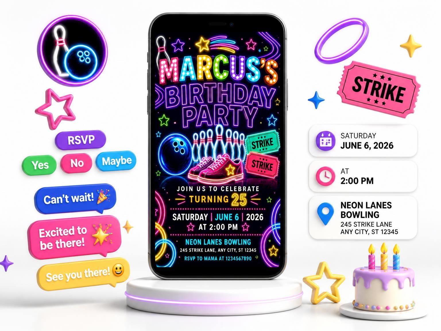 The Neon Bowling 25th Birthday Invitation invitation on a phone, with guest RSVPs arriving around it