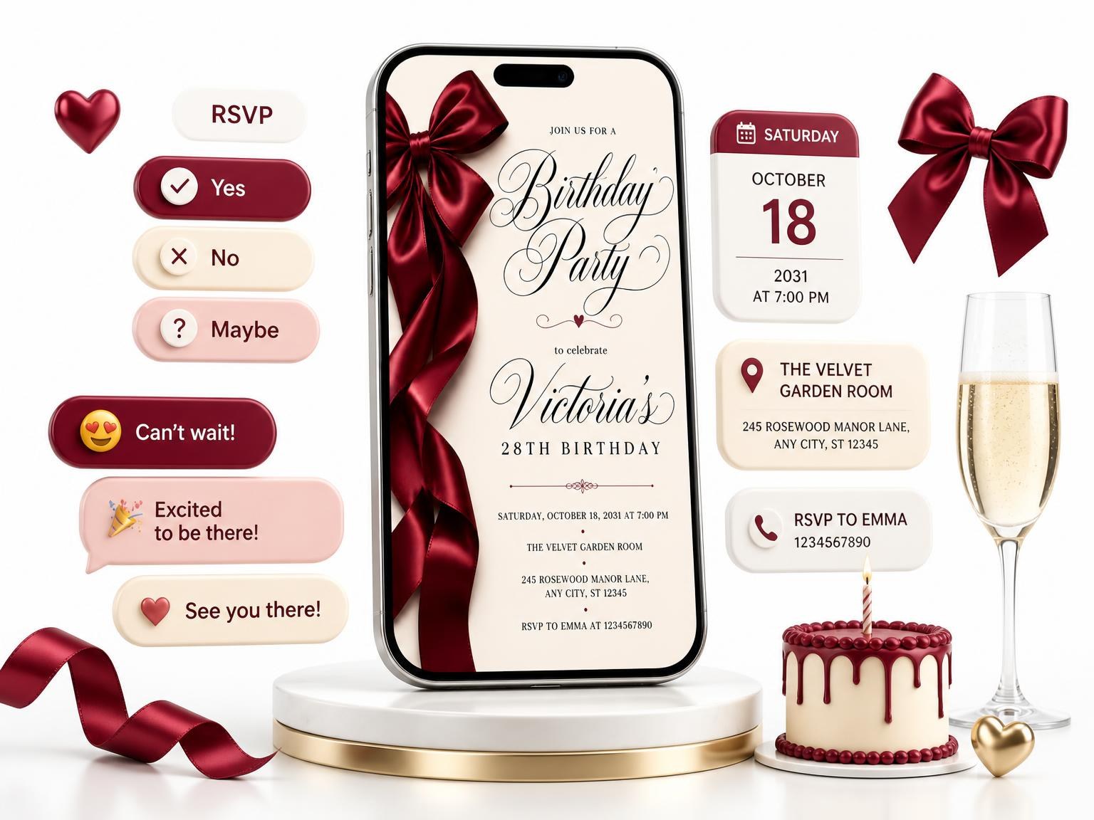 The Burgundy Satin Bow 28th Birthday Invitation invitation on a phone, with guest RSVPs arriving around it