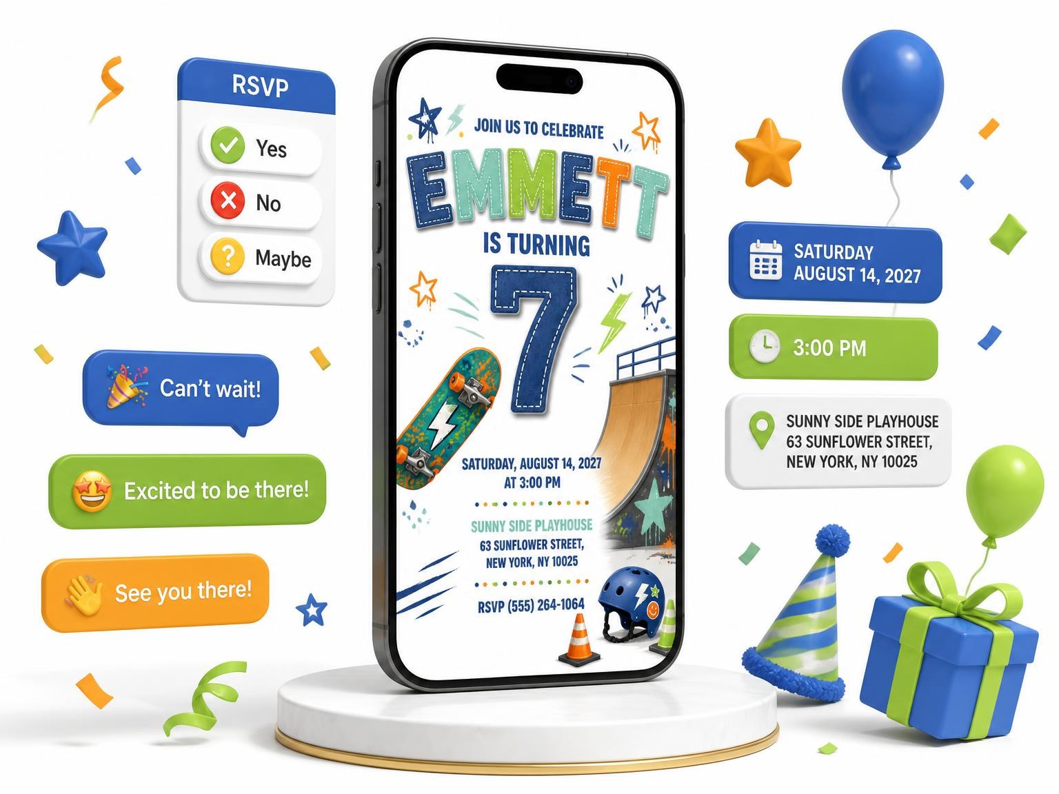 The Skate Ramp Stitched 7th Birthday Invitation invitation on a phone, with guest RSVPs arriving around it