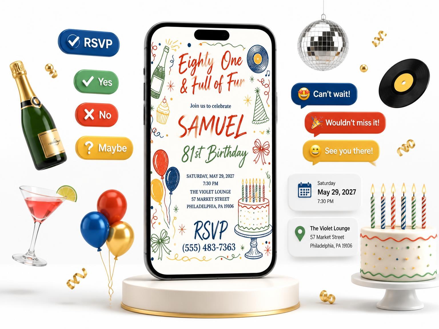 The Retro Doodle 81st Birthday Invitation invitation on a phone, with guest RSVPs arriving around it
