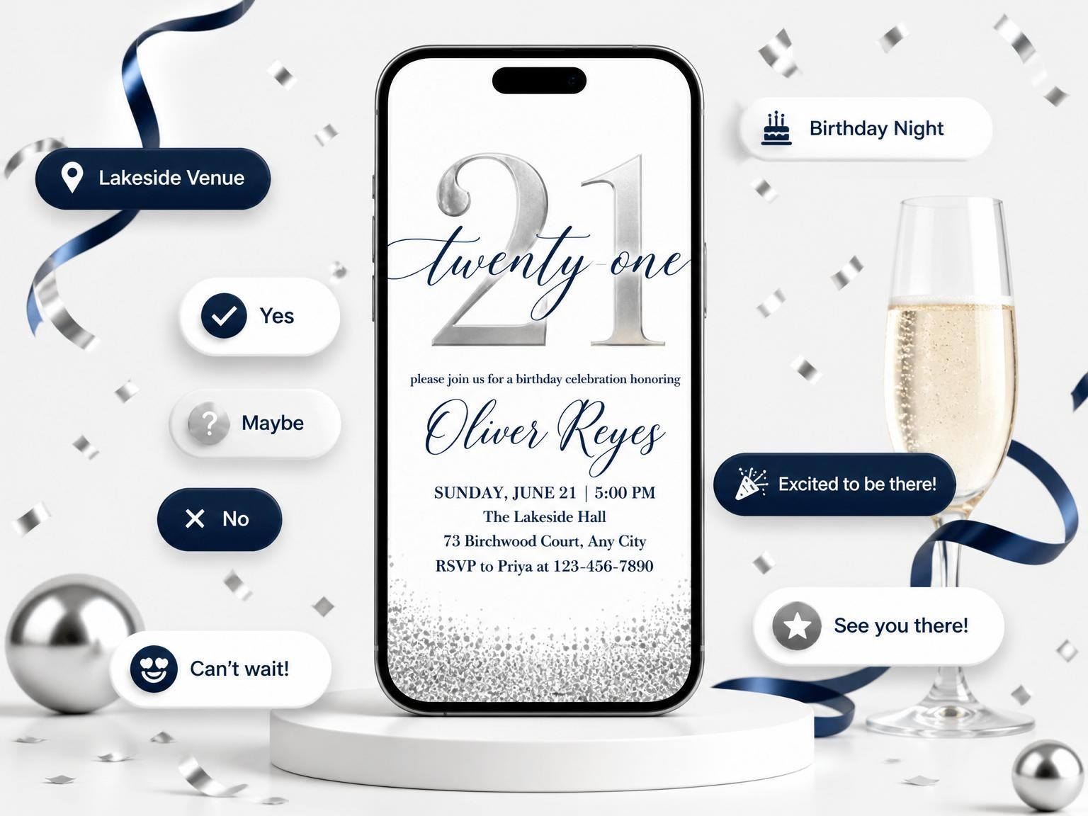 The Silver Metallic Navy 21st Birthday invitation on a phone, with guest RSVPs arriving around it