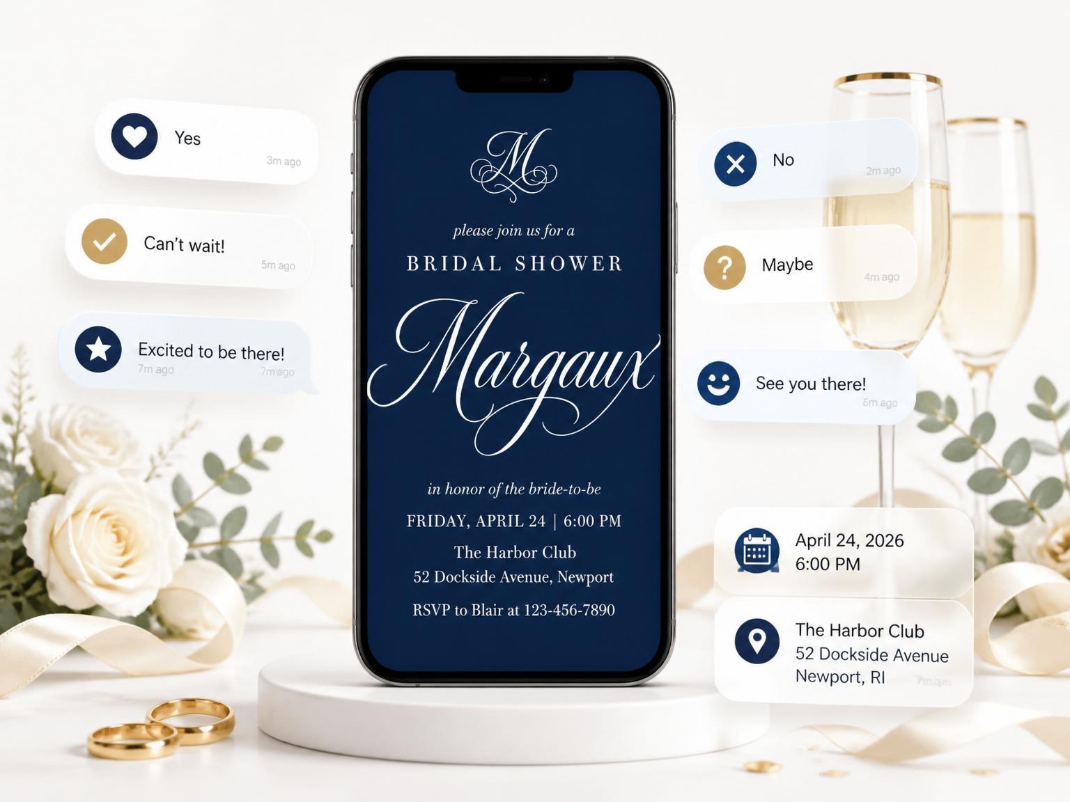 The Navy Monogram Minimalist Bridal Shower invitation on a phone, with guest RSVPs arriving around it