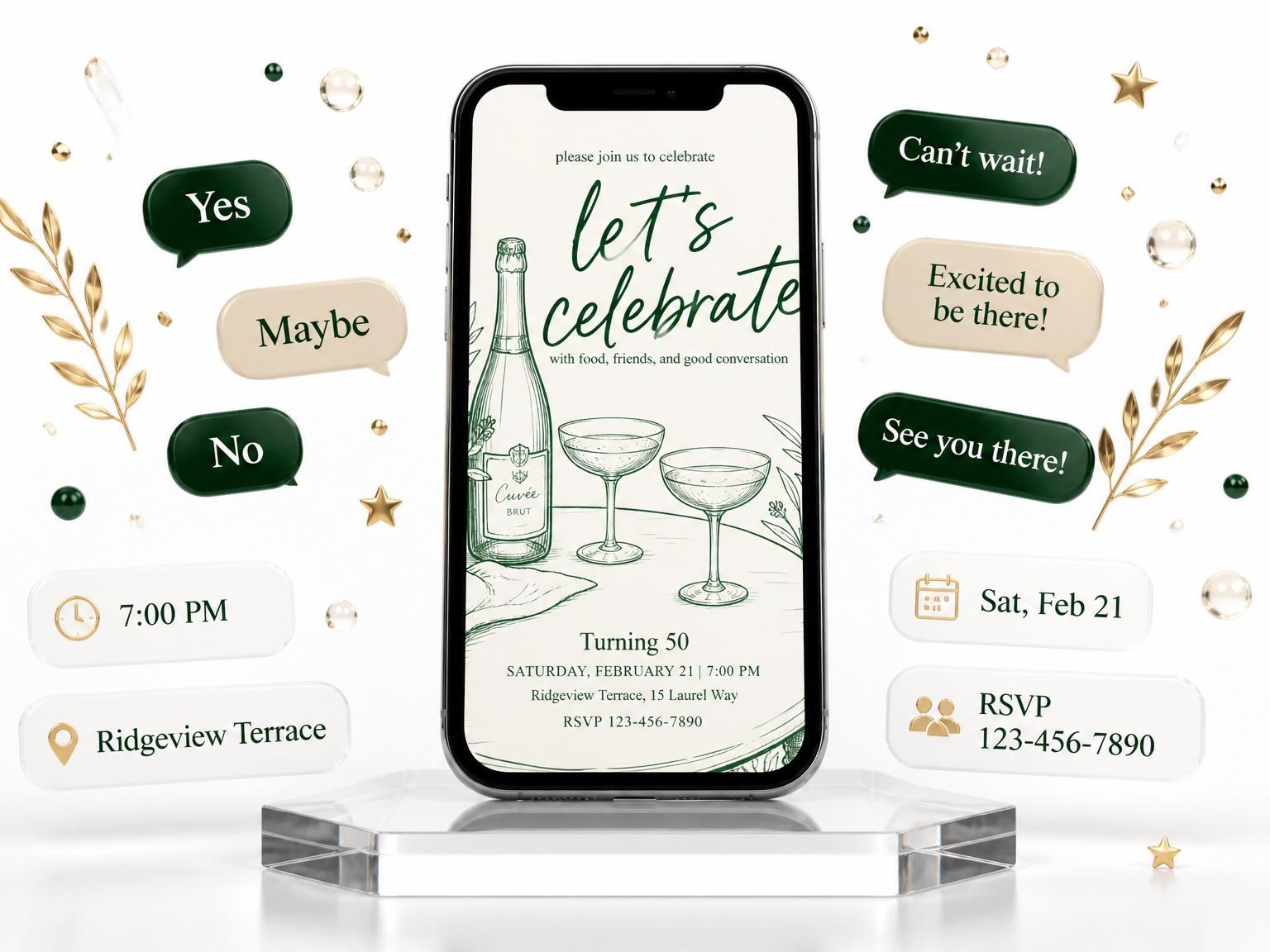 The Green Ink Champagne 50th Birthday invitation on a phone, with guest RSVPs arriving around it