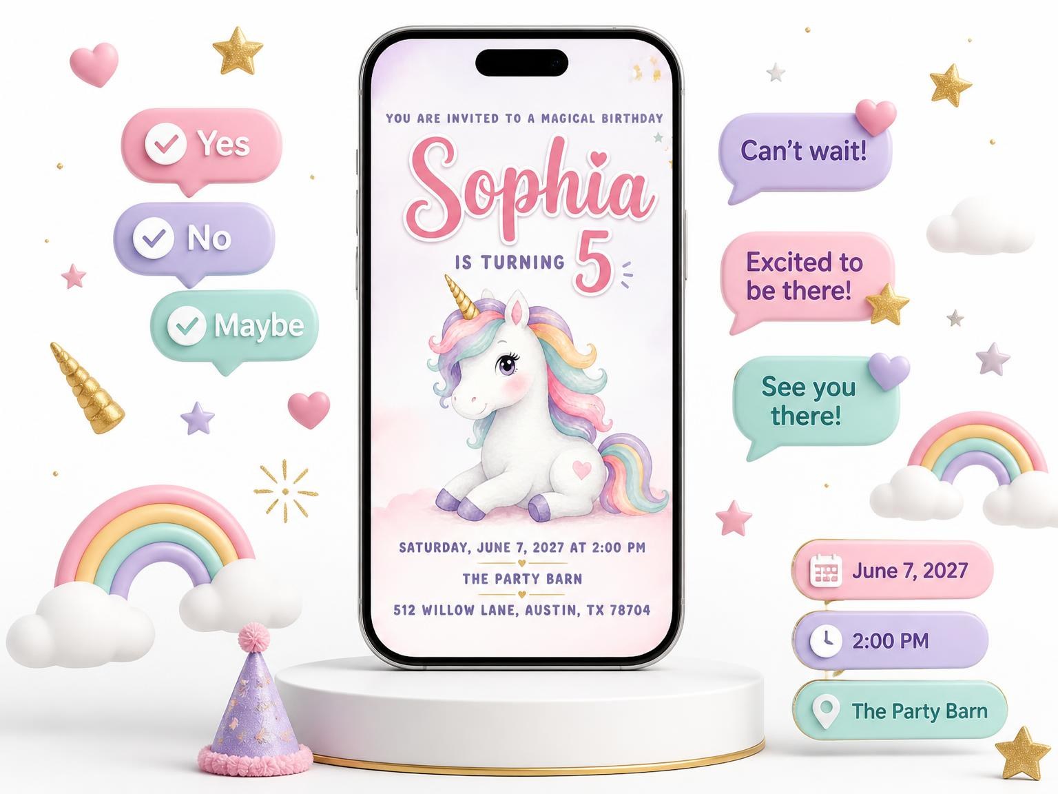 The Pastel Watercolor Unicorn 5th Birthday Invitation invitation on a phone, with guest RSVPs arriving around it