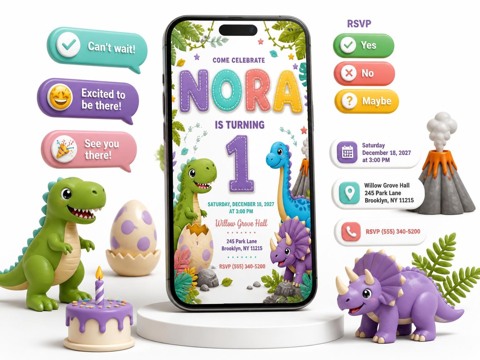 The Stitched Dinosaur 1st Birthday Invitation invitation on a phone, with guest RSVPs arriving around it