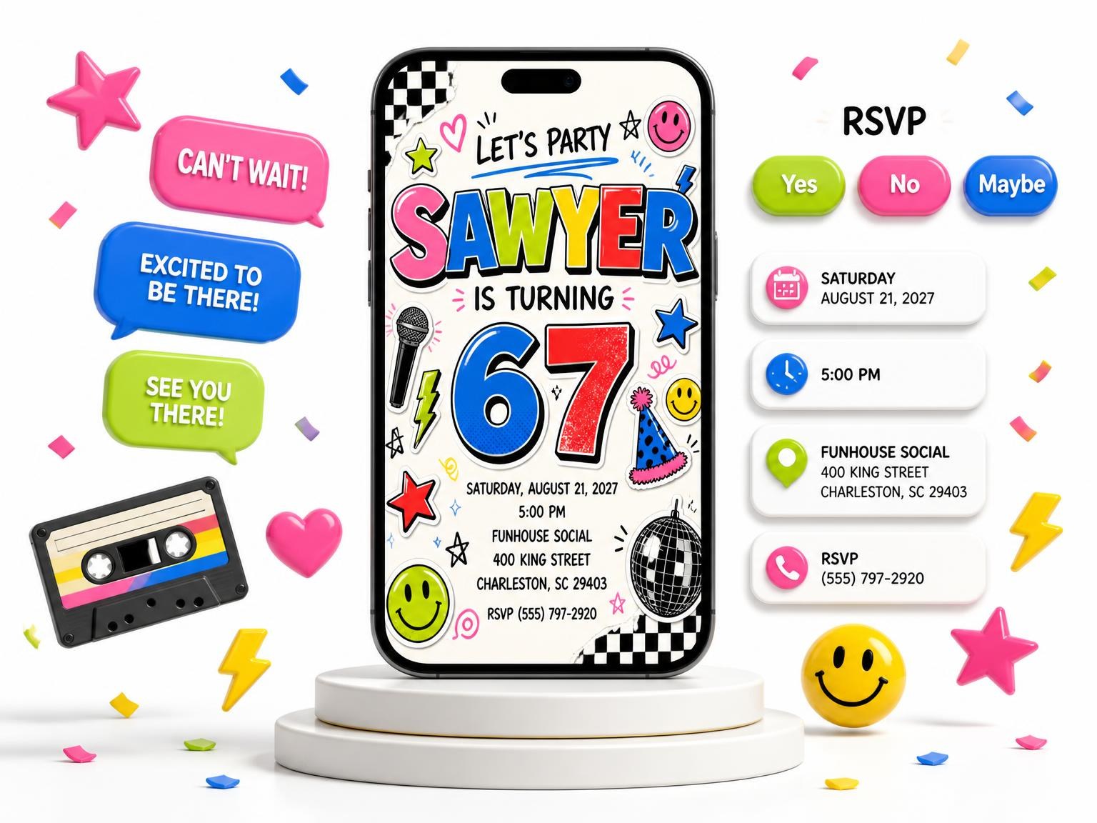The Sticker Pop 67th Birthday Invitation invitation on a phone, with guest RSVPs arriving around it