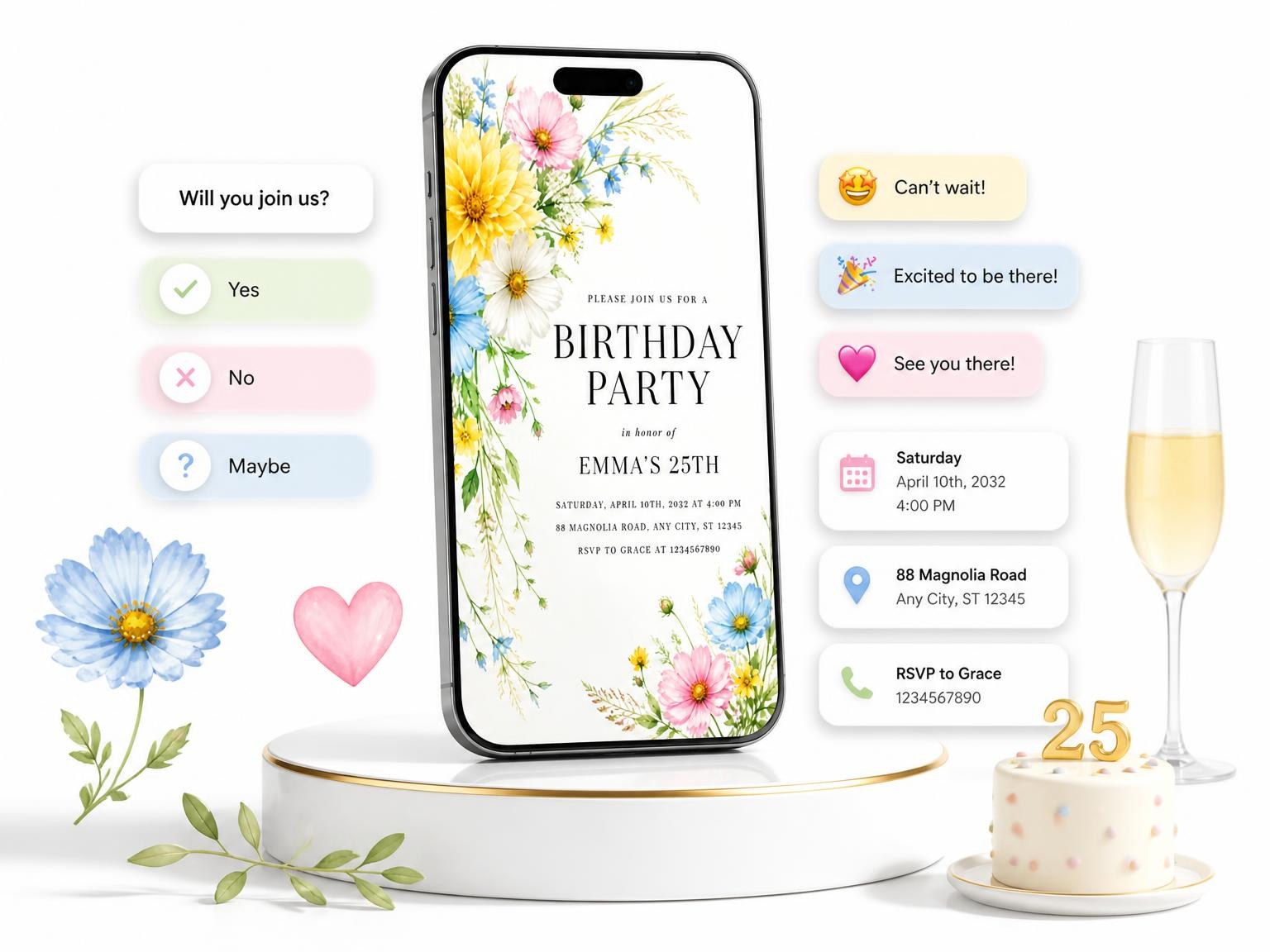 The Spring Dahlias Cornflower 25th Birthday Invitation invitation on a phone, with guest RSVPs arriving around it