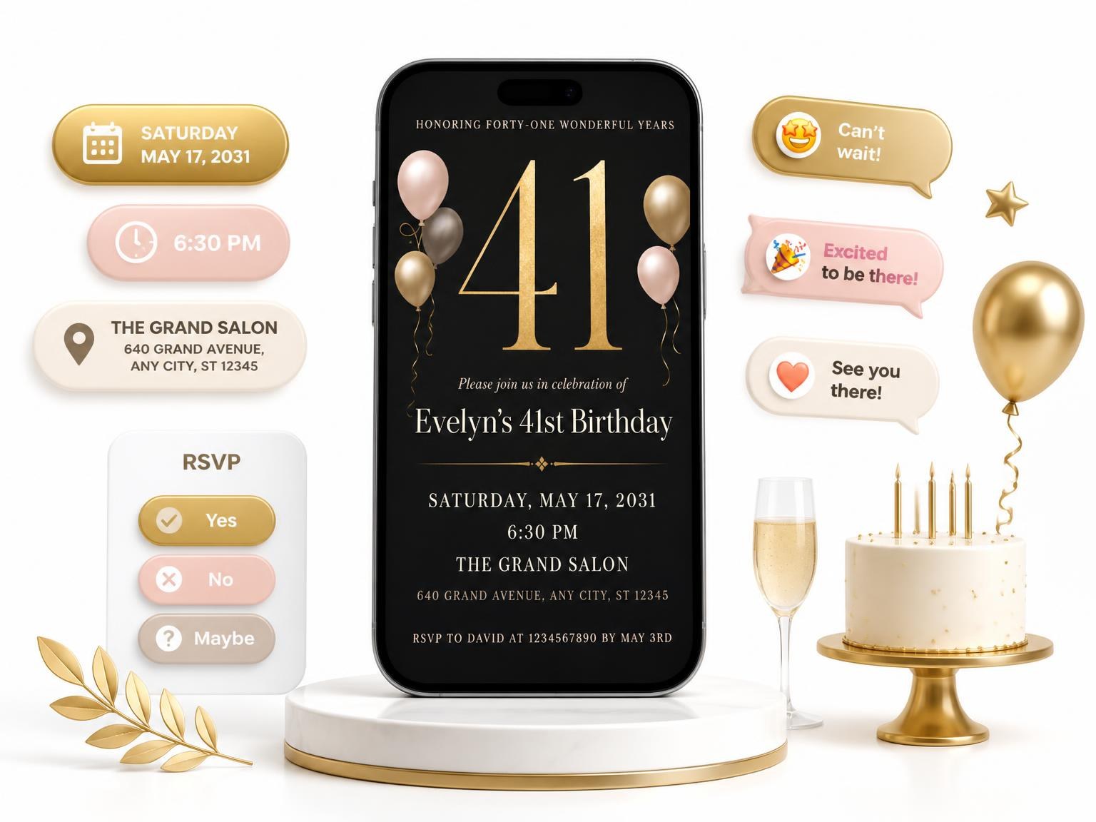 The Charcoal and Blush 41st Birthday Invitation invitation on a phone, with guest RSVPs arriving around it