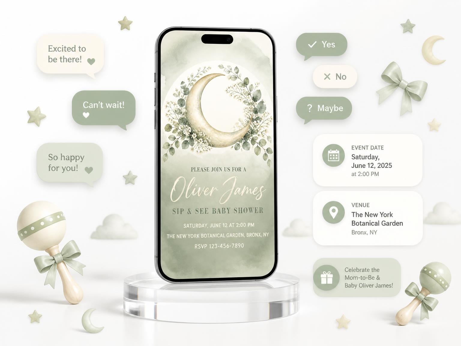 The Watercolor Crescent Moon Sip and See invitation on a phone, with guest RSVPs arriving around it