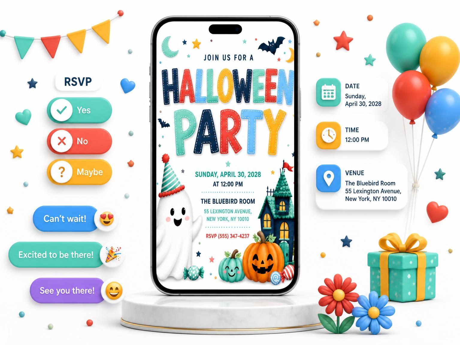 The Friendly Ghost Halloween Party Invitation invitation on a phone, with guest RSVPs arriving around it