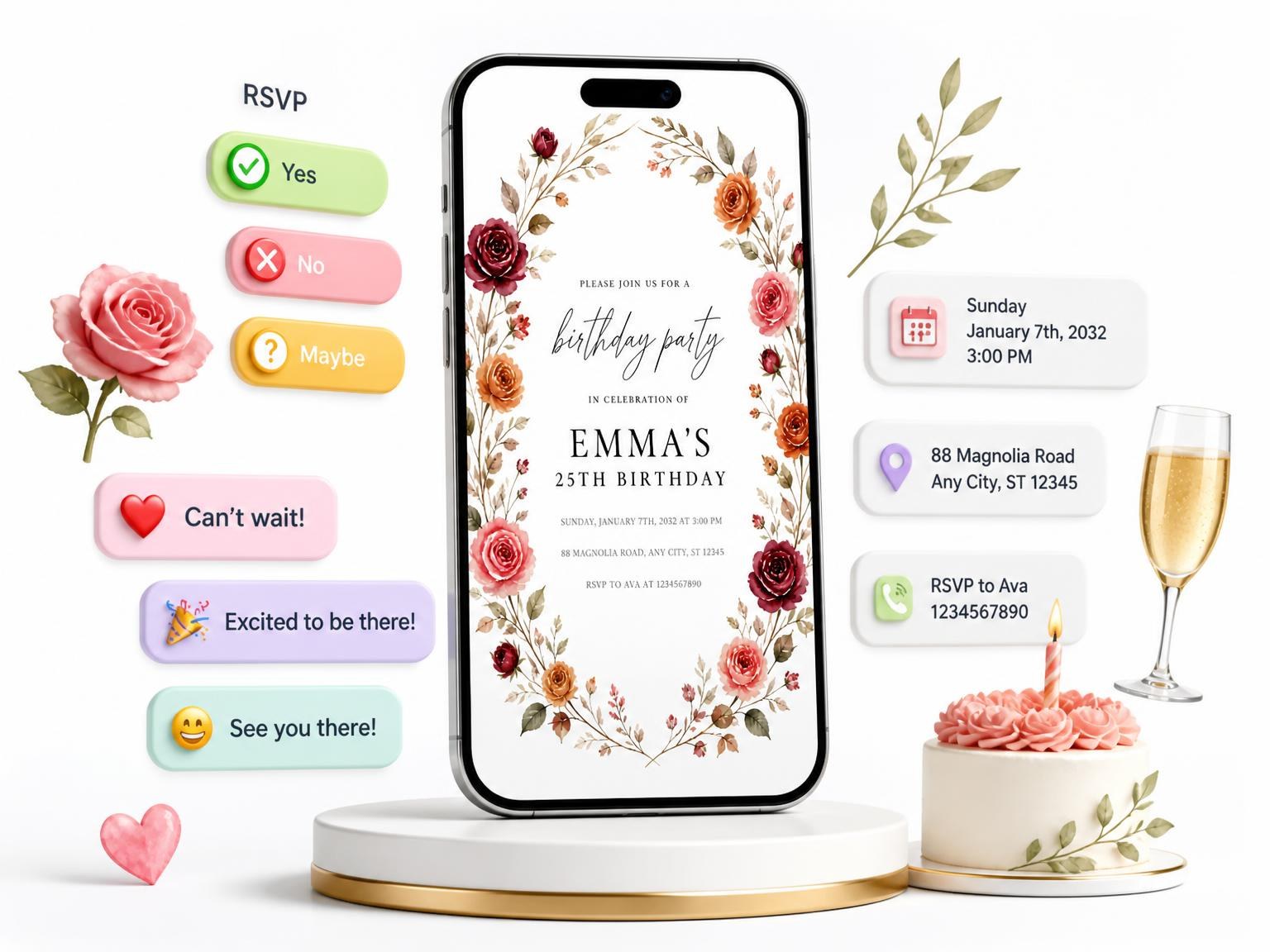 The Floral Wreath Autumn 25th Birthday Invitation invitation on a phone, with guest RSVPs arriving around it