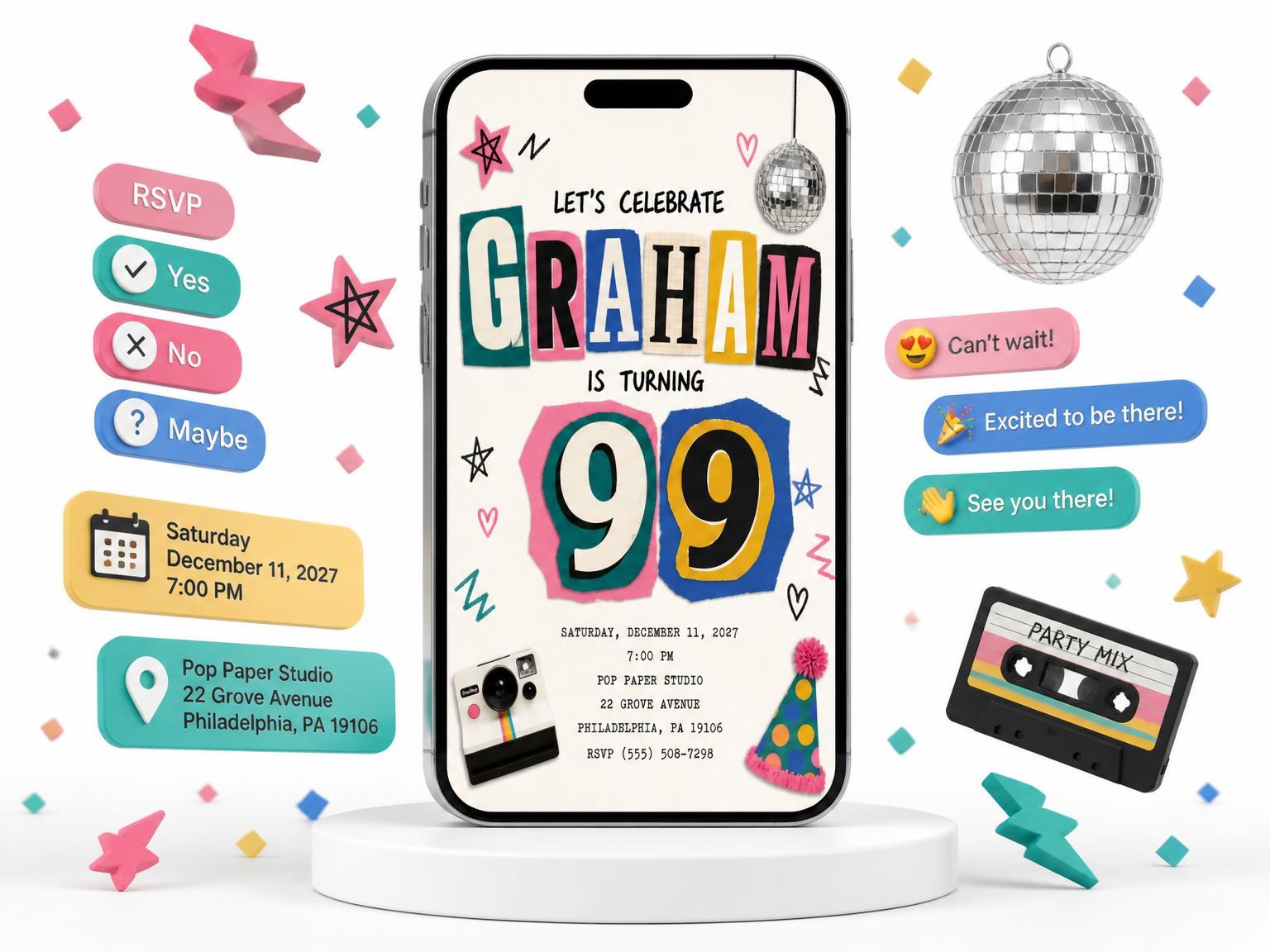 The Retro Paper Collage 99th Birthday Invitation invitation on a phone, with guest RSVPs arriving around it