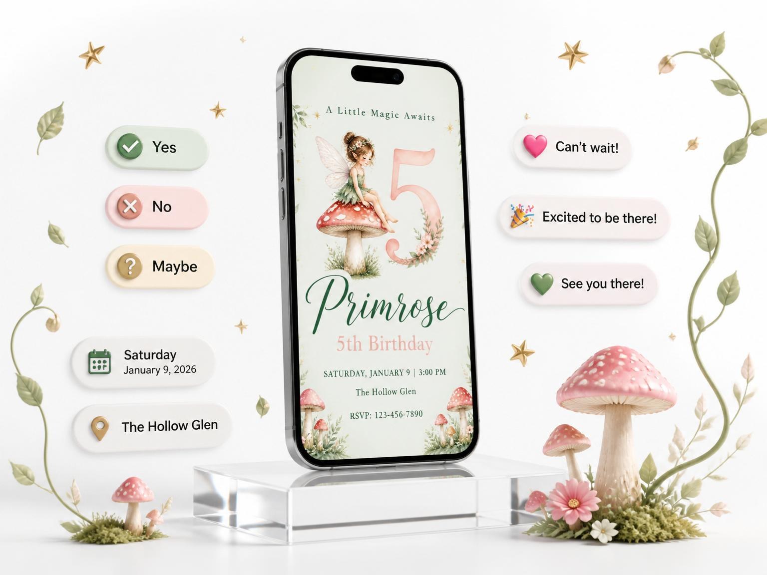 The Sage Watercolor Fairy 5th Birthday invitation on a phone, with guest RSVPs arriving around it