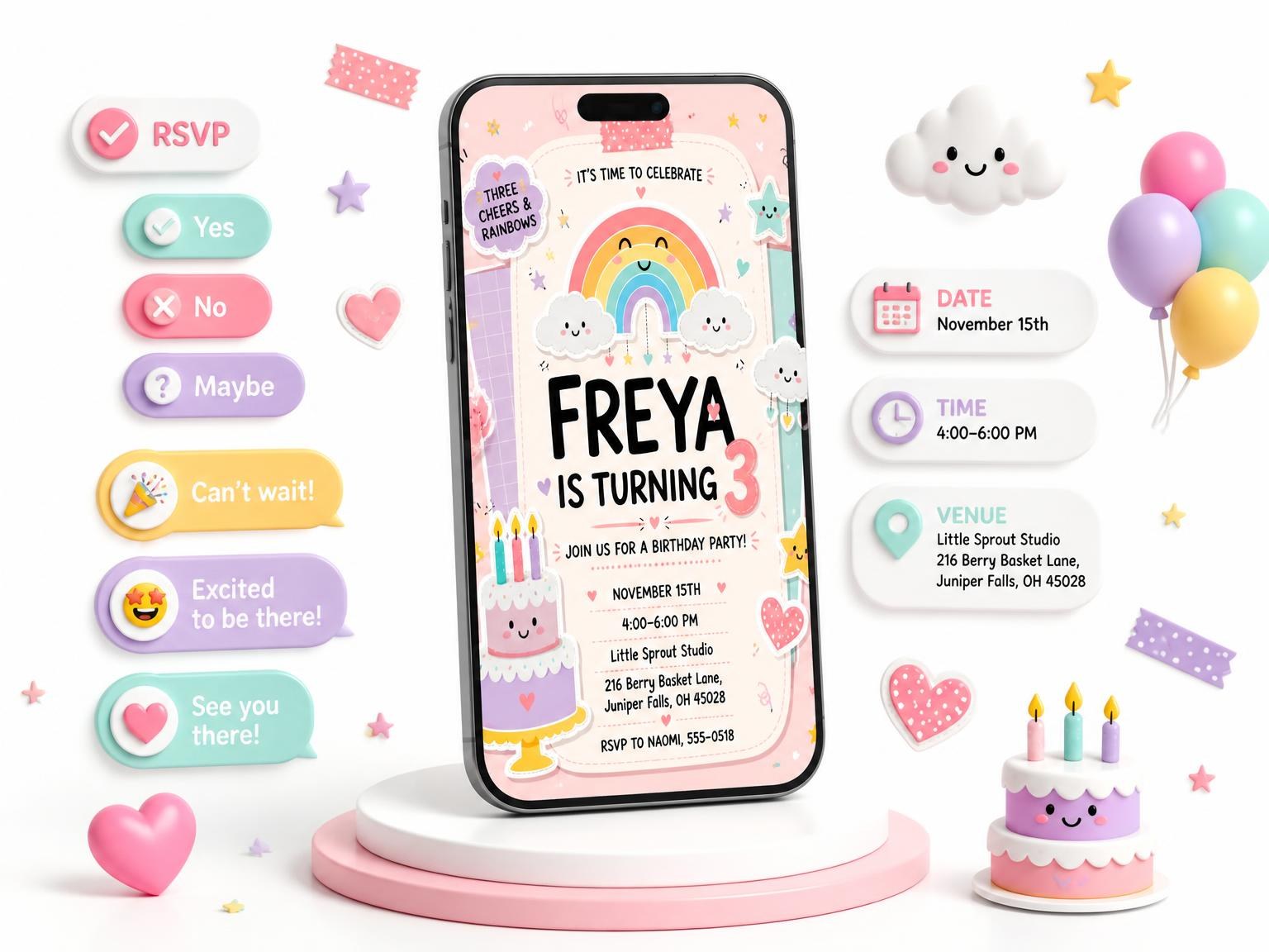 The Rainbow Clouds Pastel 3rd Birthday Invitation invitation on a phone, with guest RSVPs arriving around it