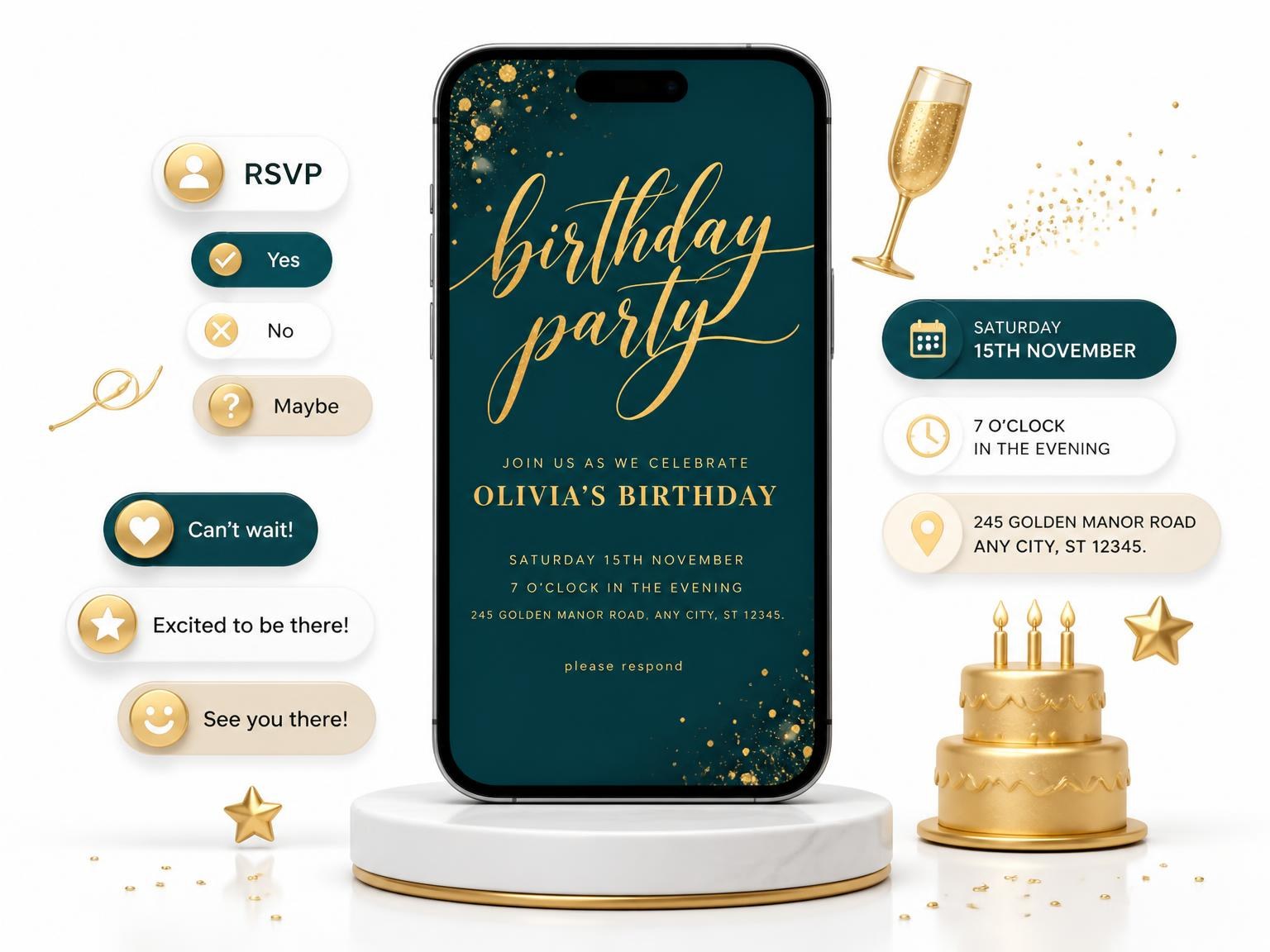 The Teal and Gold Birthday Invitation invitation on a phone, with guest RSVPs arriving around it