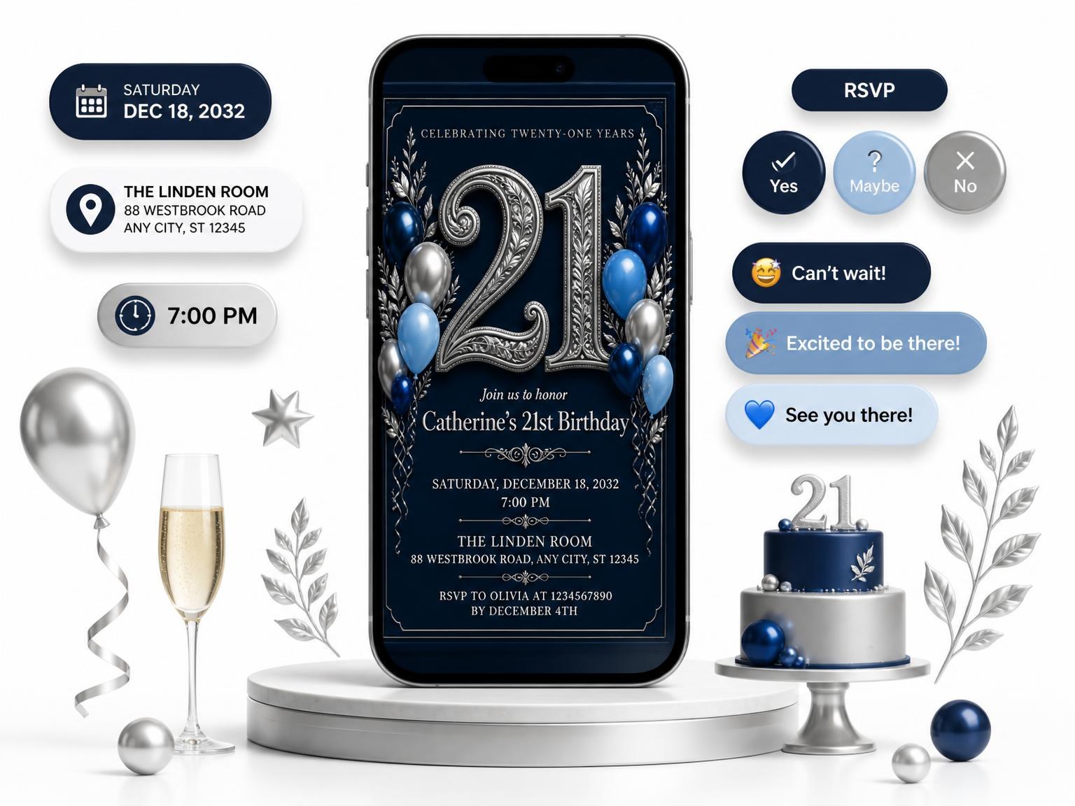 The Navy and Silver 21st Birthday Invitation invitation on a phone, with guest RSVPs arriving around it