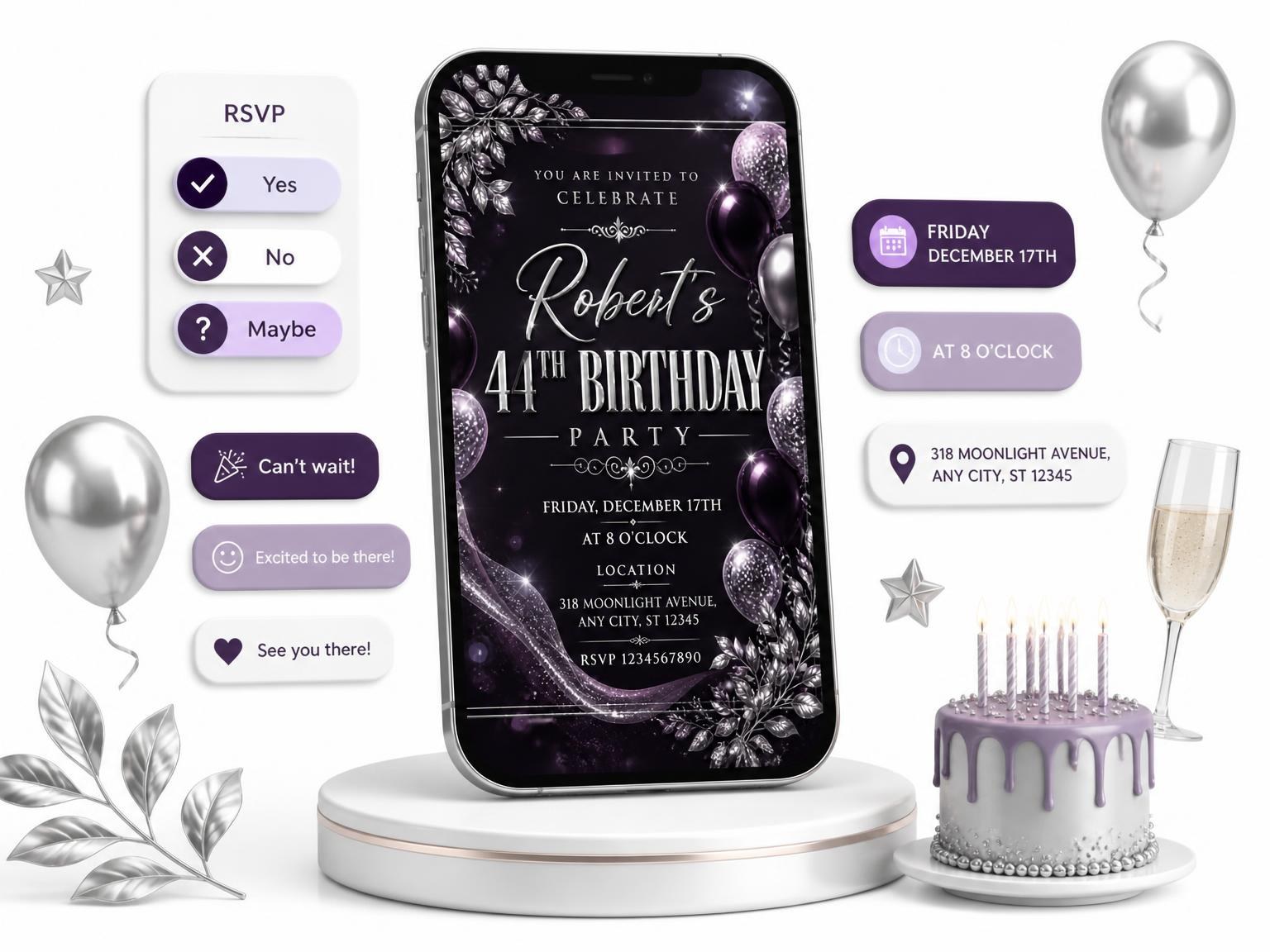 The Plum and Silver 44th Birthday Invitation invitation on a phone, with guest RSVPs arriving around it