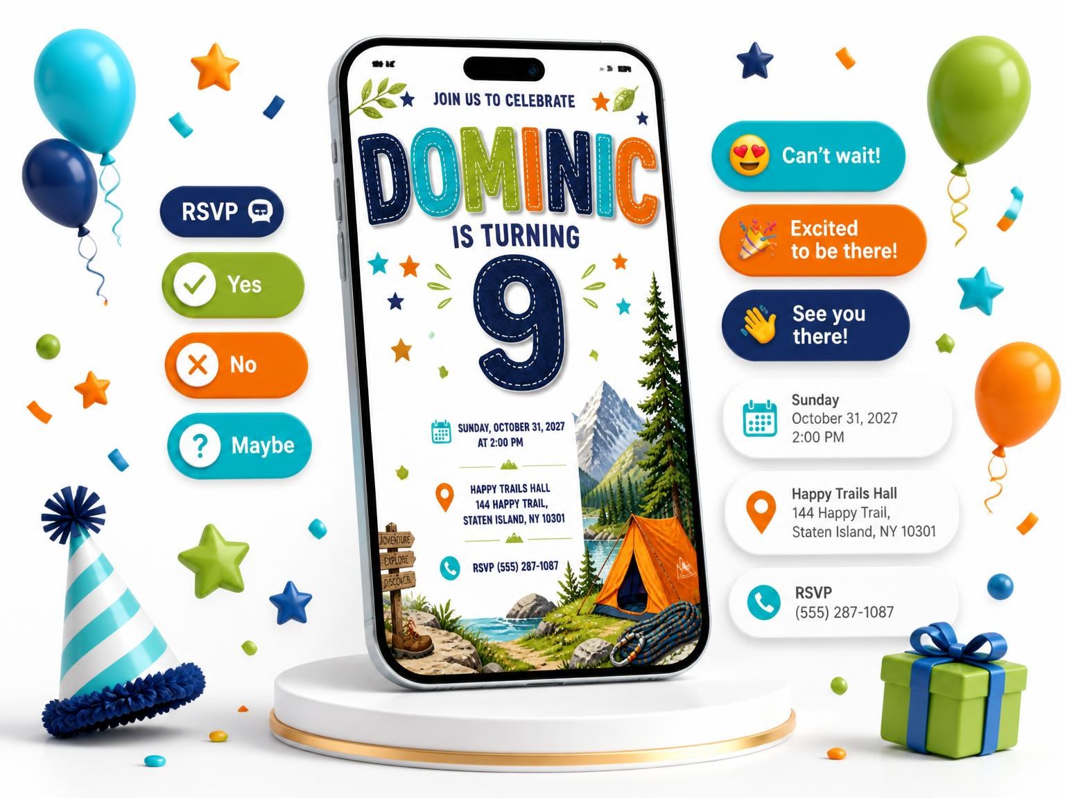 The Directional Signpost 9th Birthday Invitation invitation on a phone, with guest RSVPs arriving around it