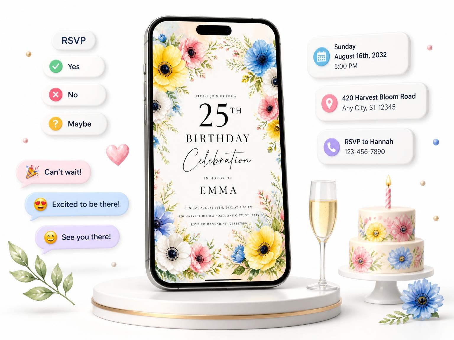 The Spring Anemone Wreath 25th Birthday Invitation invitation on a phone, with guest RSVPs arriving around it