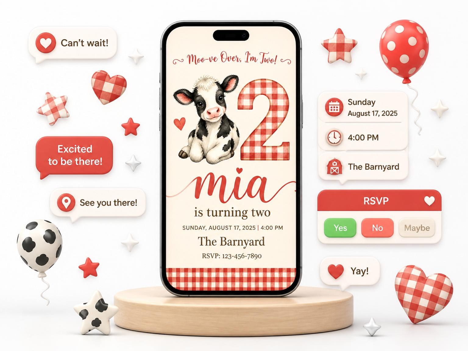 The Red Gingham Cow 2nd Birthday invitation on a phone, with guest RSVPs arriving around it