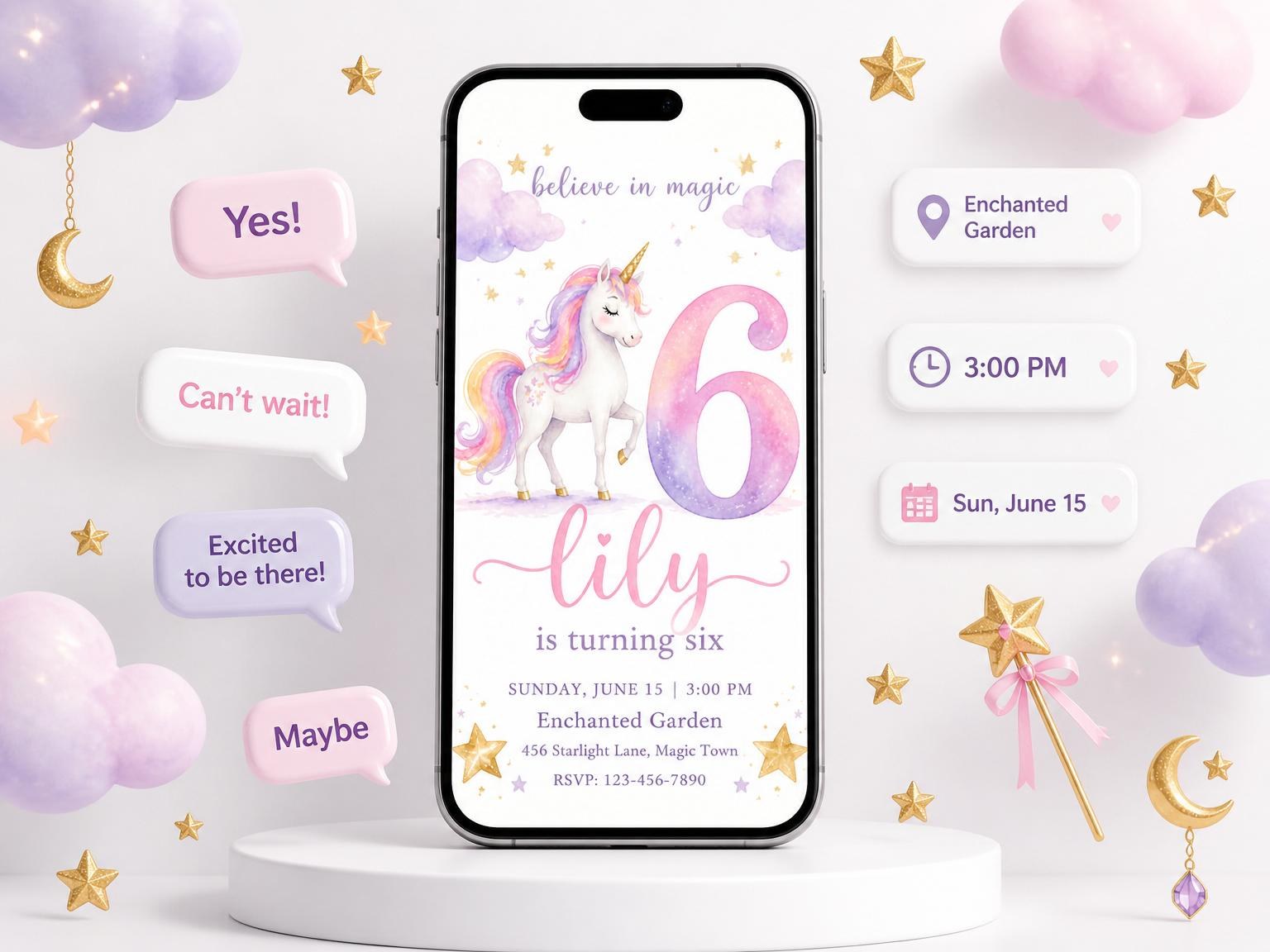 The Watercolor Unicorn 6th Birthday Invitation invitation on a phone, with guest RSVPs arriving around it