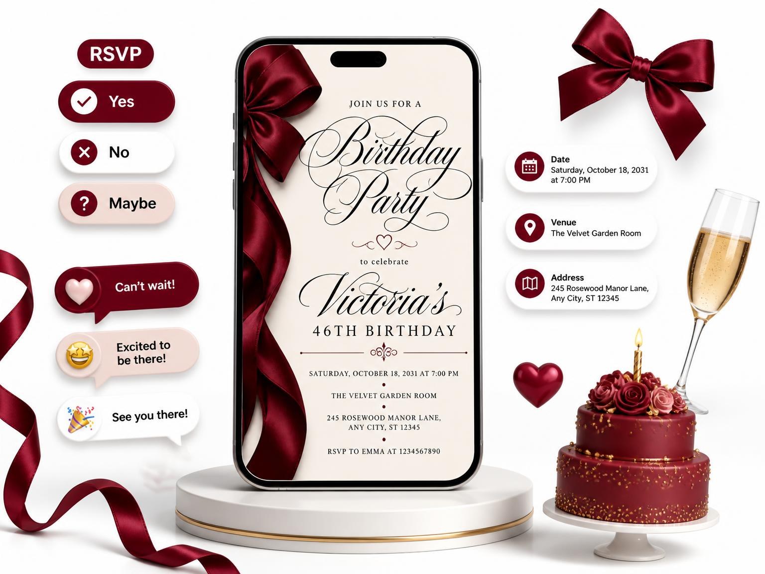 The Burgundy Satin Bow 46th Birthday Invitation invitation on a phone, with guest RSVPs arriving around it