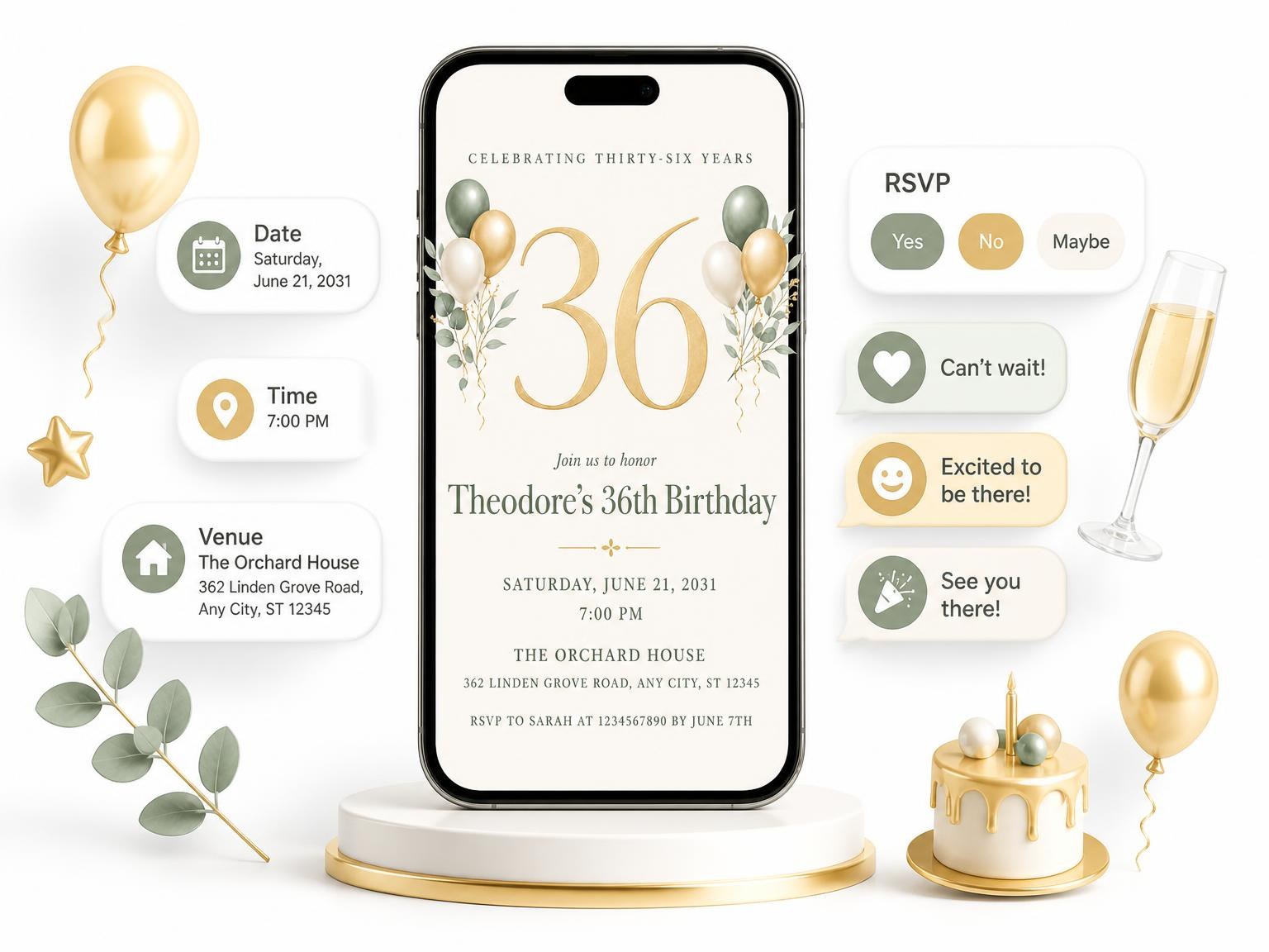 The Sage and Ivory 36th Birthday Invitation invitation on a phone, with guest RSVPs arriving around it