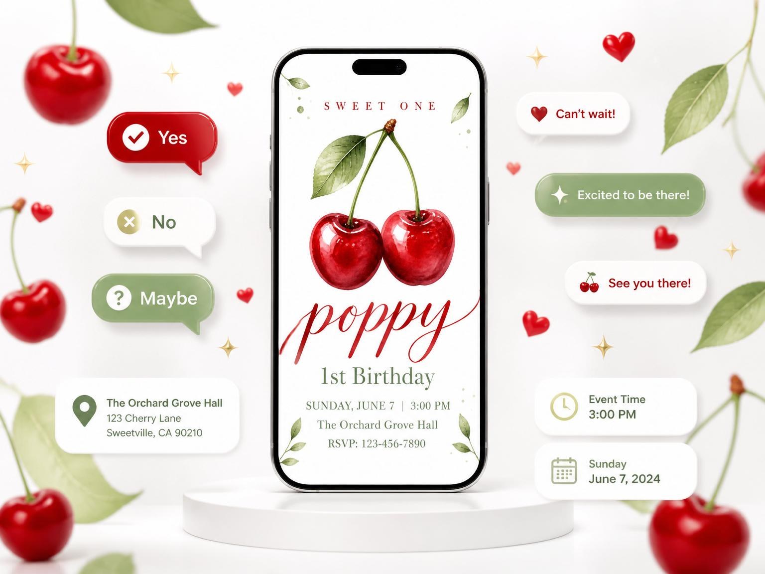 The Watercolor Cherry 1st Birthday Invitation invitation on a phone, with guest RSVPs arriving around it