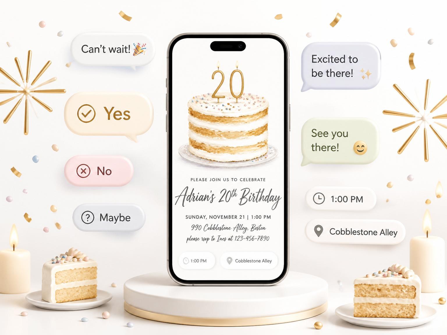 The Watercolor Naked Cake 20th Birthday invitation on a phone, with guest RSVPs arriving around it