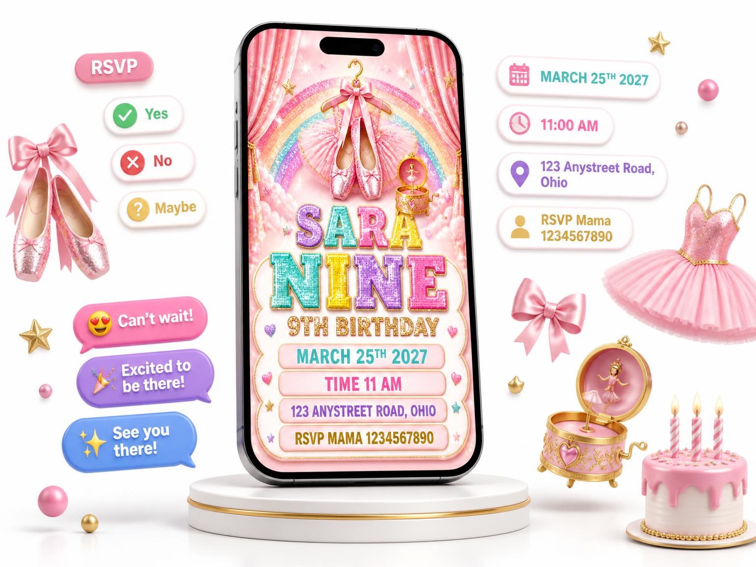 The Glitter Ballet 9th Birthday Invitation invitation on a phone, with guest RSVPs arriving around it