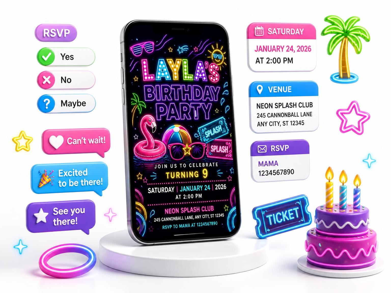 The Neon Pool Party 9th Birthday Invitation invitation on a phone, with guest RSVPs arriving around it