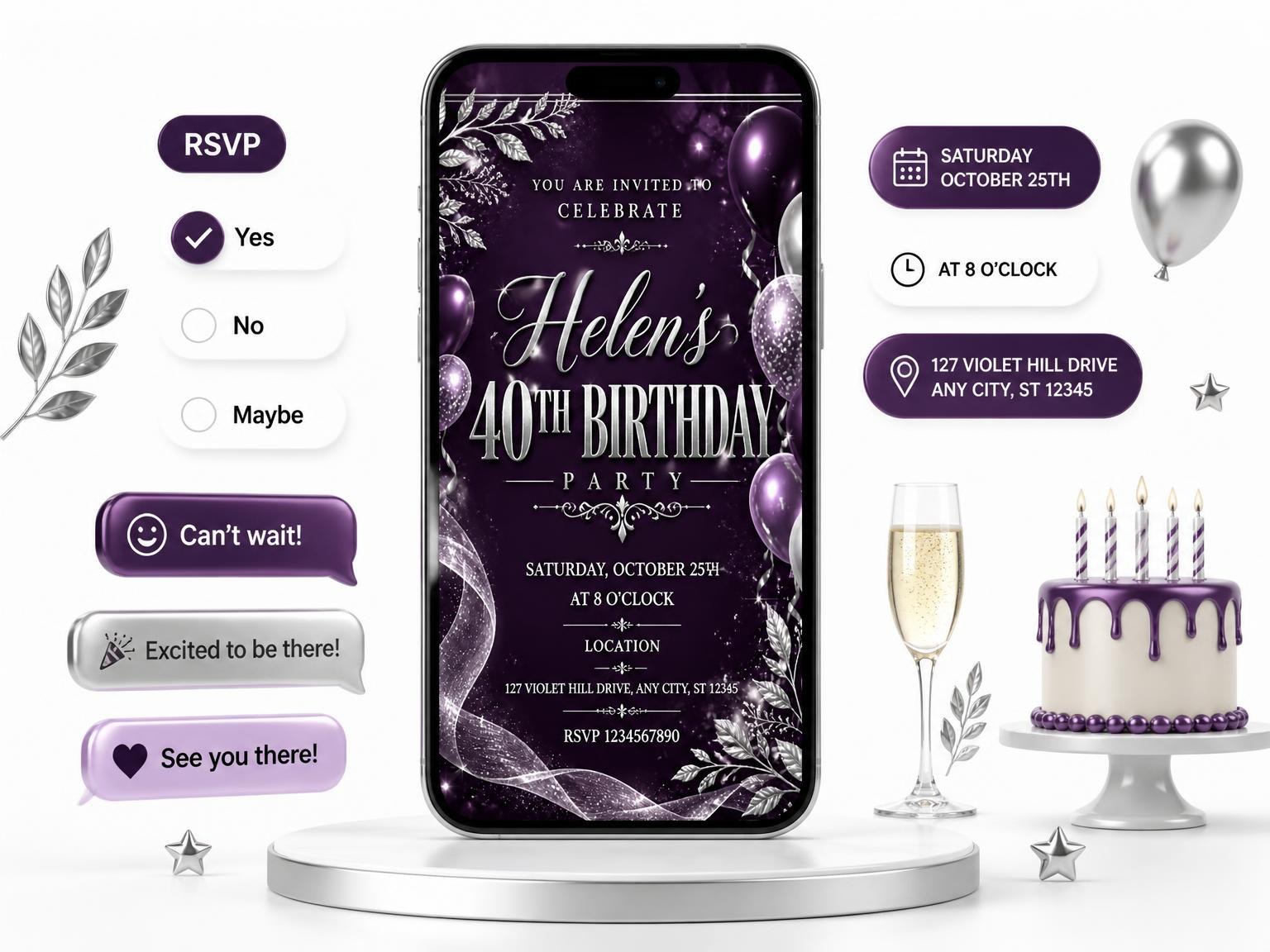 The Plum and Silver 40th Birthday Invitation invitation on a phone, with guest RSVPs arriving around it