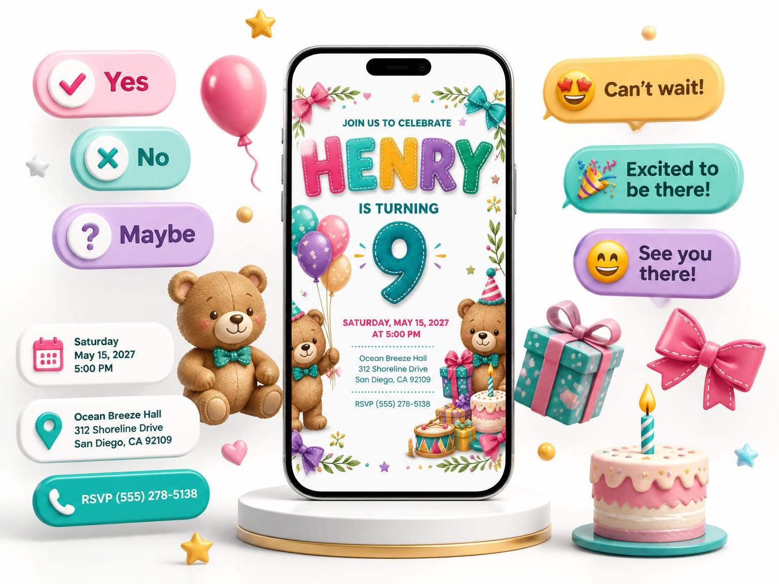 The Stitched Teddy Bear 9th Birthday Invitation invitation on a phone, with guest RSVPs arriving around it