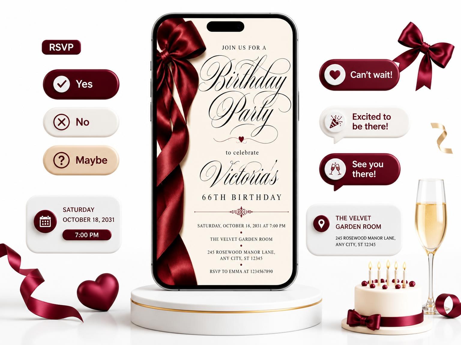 The Burgundy Satin Bow 66th Birthday Invitation invitation on a phone, with guest RSVPs arriving around it