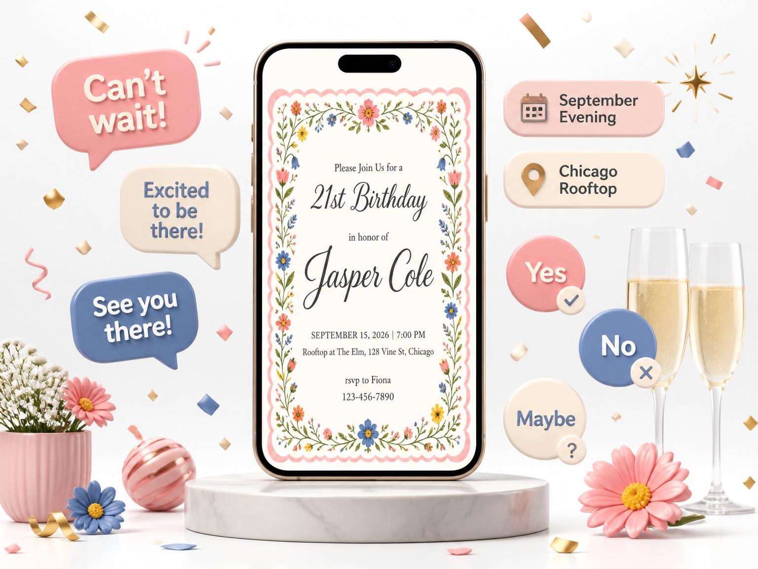 The Pink Scallop Wildflower 21st Birthday Invitation invitation on a phone, with guest RSVPs arriving around it