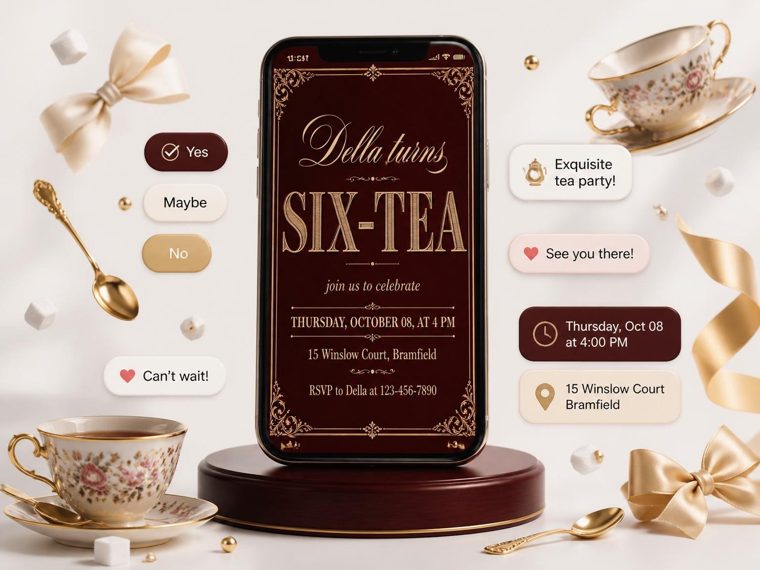 The Burgundy Gold Filigree Tea Birthday invitation on a phone, with guest RSVPs arriving around it