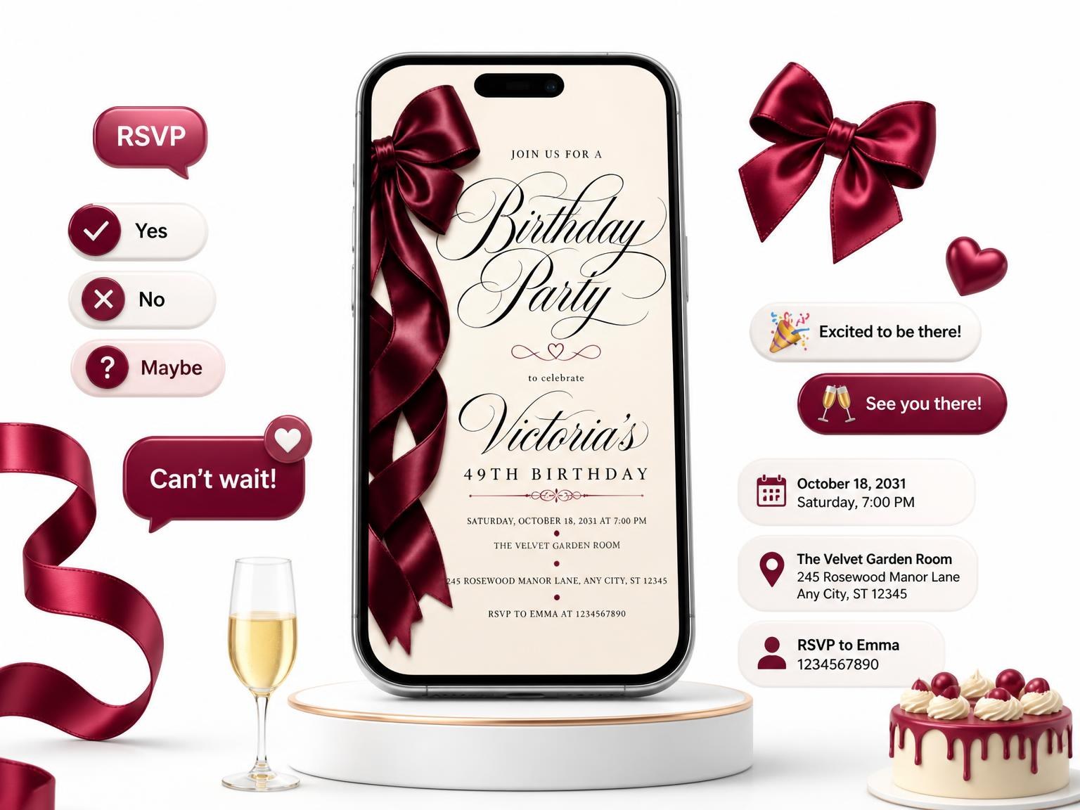 The Burgundy Satin Bow 49th Birthday Invitation invitation on a phone, with guest RSVPs arriving around it