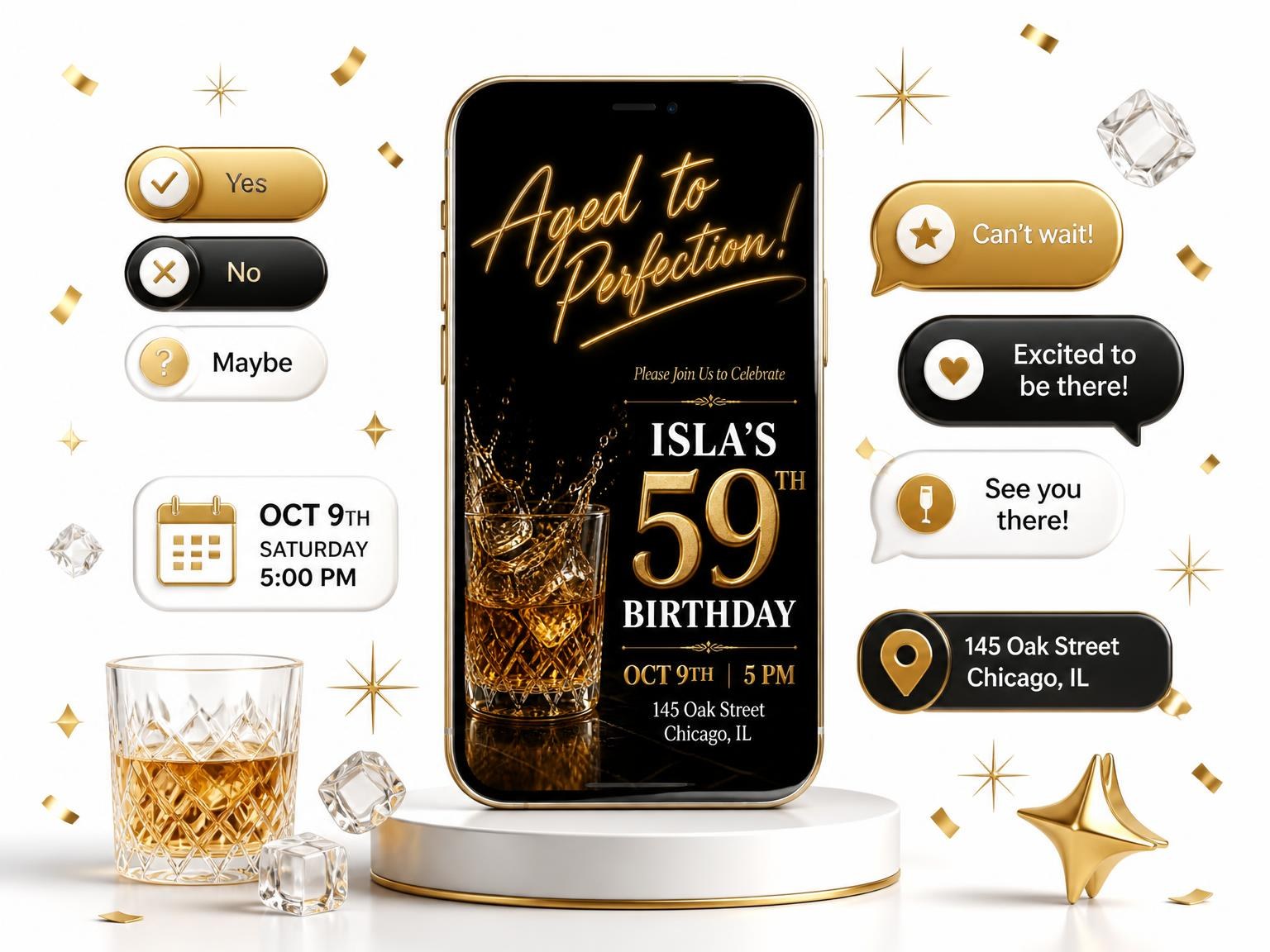 The Crystal Whiskey 59th Birthday Invitation invitation on a phone, with guest RSVPs arriving around it